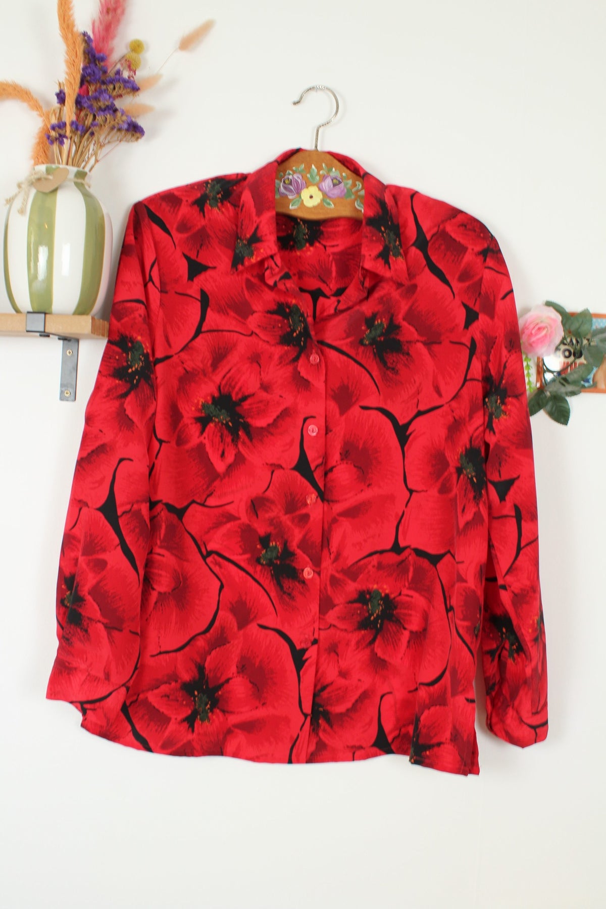 Chemise vintage années 80 romantique motif coquelicots - Taille 40/42