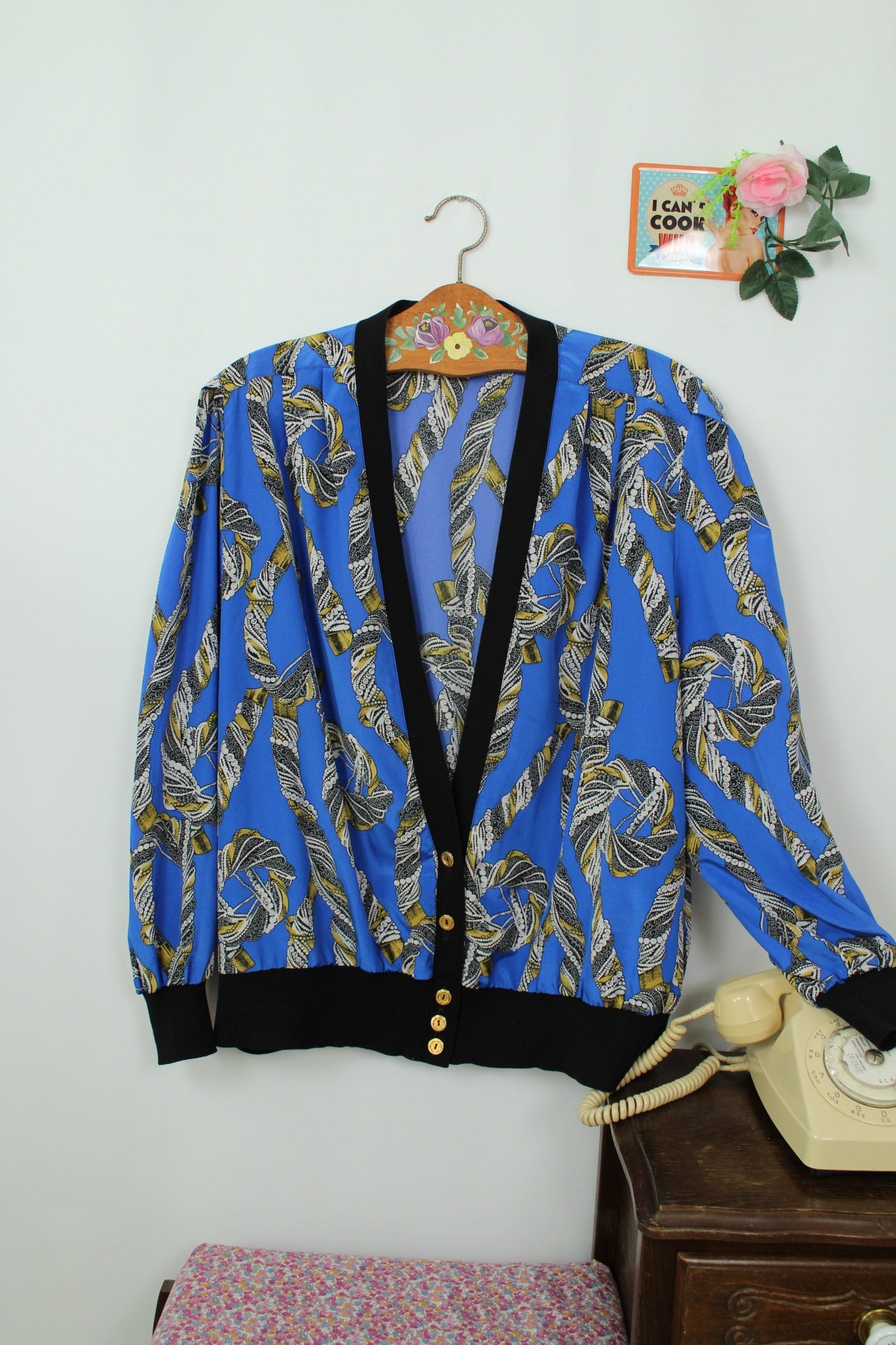 🌸🍒Veste/cardigan vintage 80's motif foulard chaînes - bourgeois chic/baroque - Taille 46 à 50🍒🌸