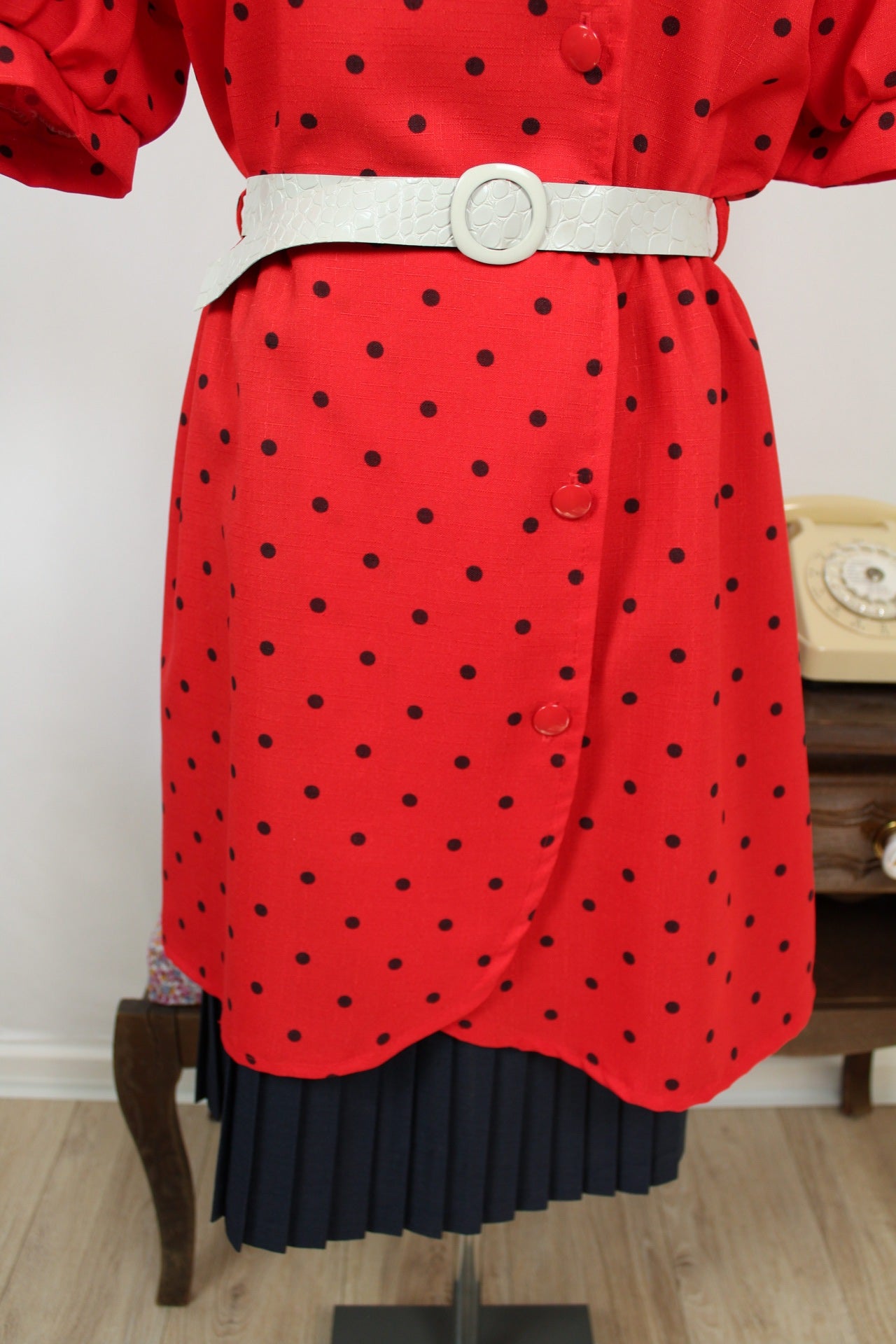 🌸🍒Robe vintage 80's rouge à pois - manches bouffantes & jupon intégré esprit 50's - Taille 38/40🍒🌸