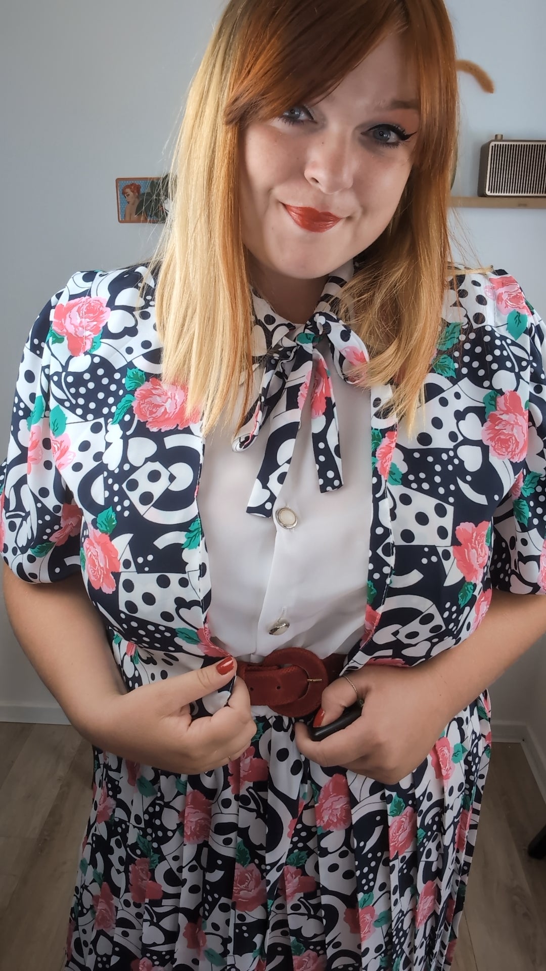 Robe vintage années 80 roses, pois & trèfles - boléro inclus - Taille 46/48