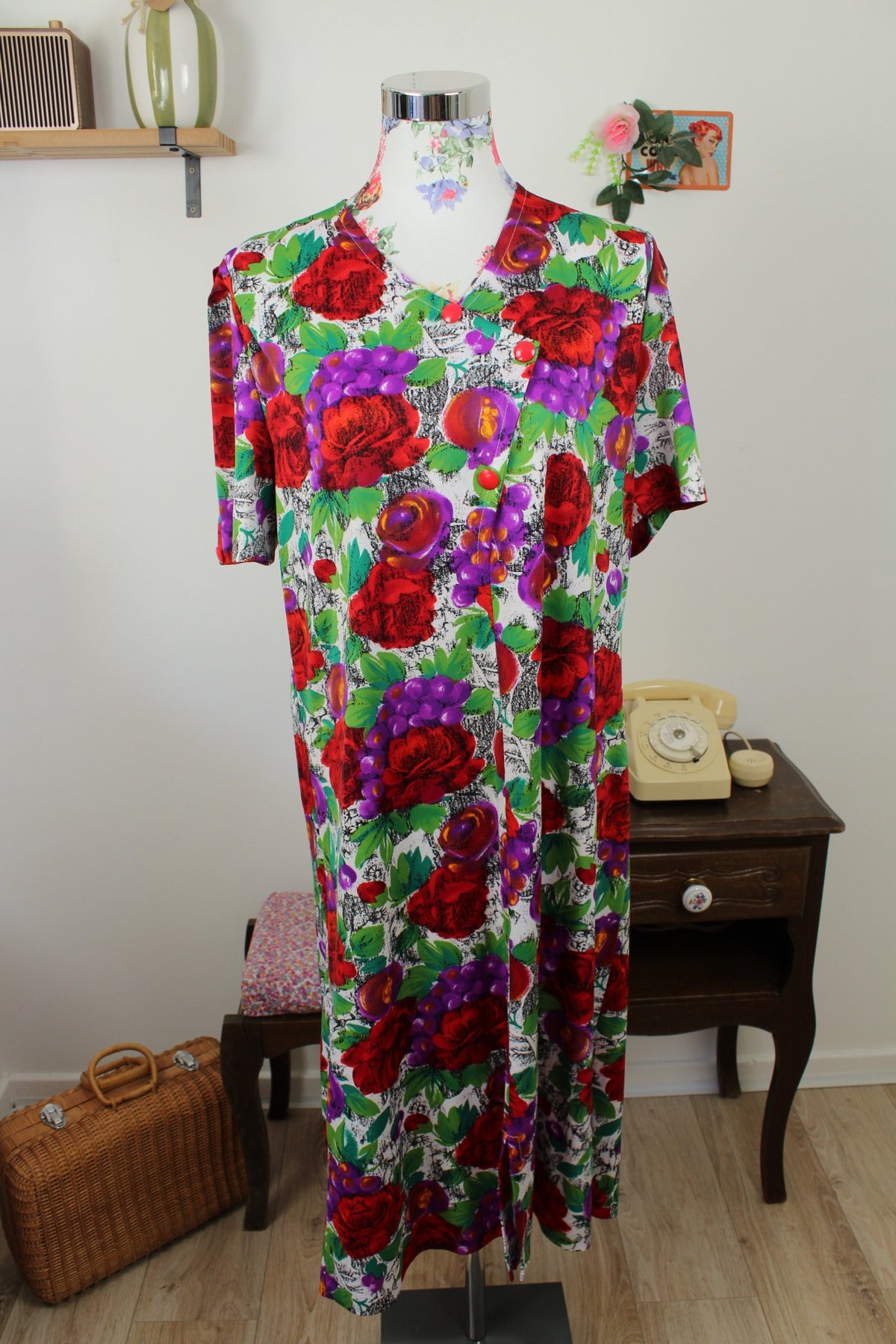 🌸🍒Robe vintage années 80 romantique - roses rouges & grappes de raisins - Taille 40/42🍒🌸