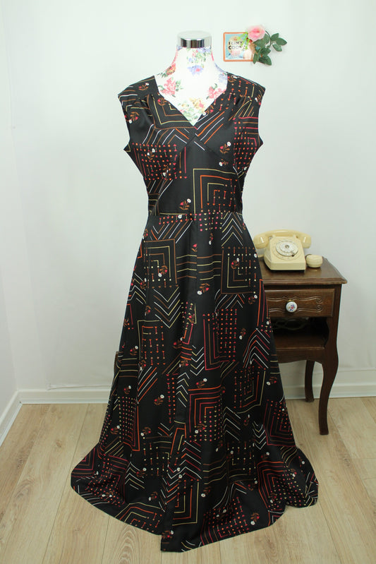 🌸🍒Robe longue vintage 70/80's petites fleurs et formes géométriques ultra colorées - Taille 38/petit 40🍒🌸
