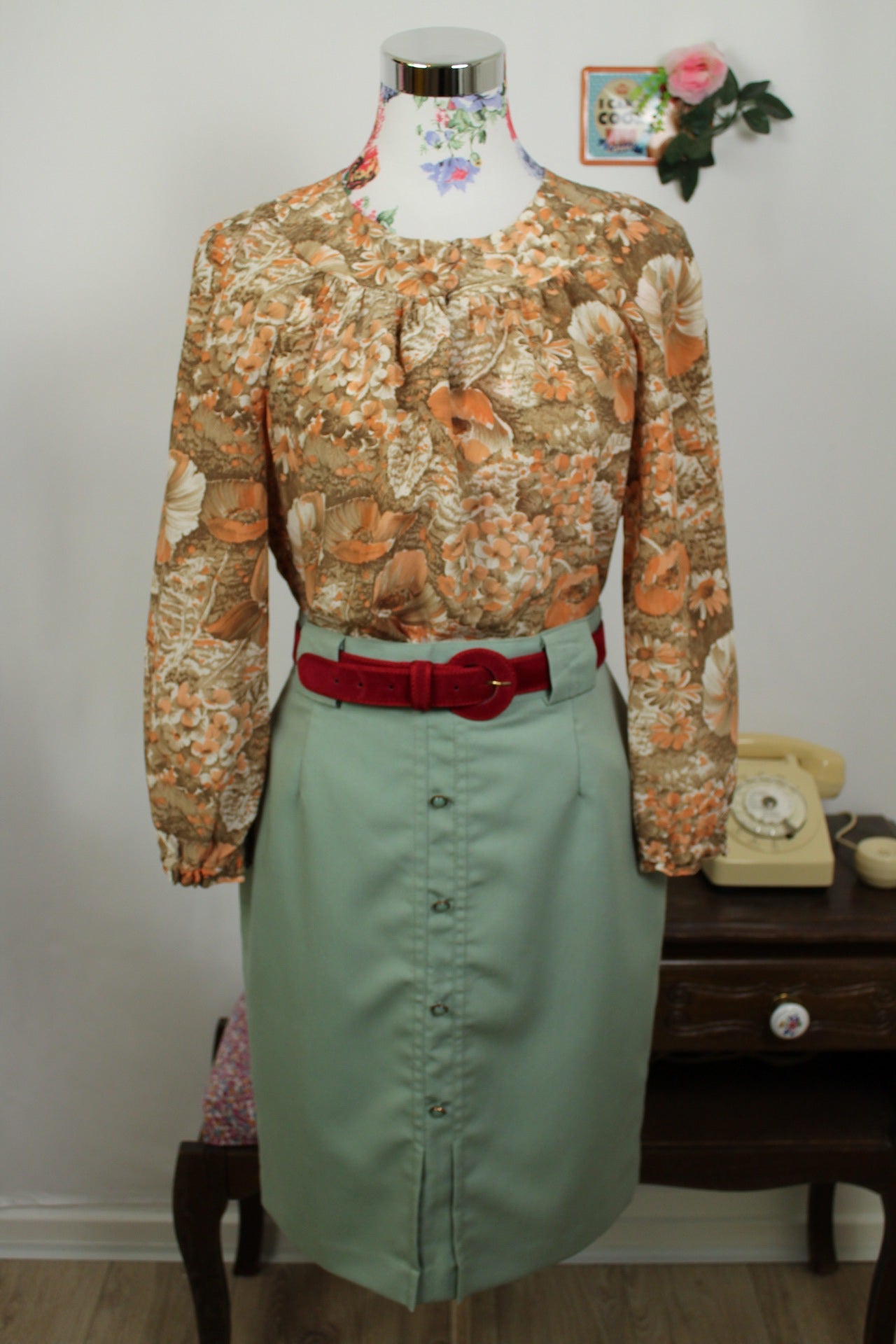 🌸🍒Jupe vintage 80's coupe crayon power dressing - vert d'eau - Taille 38🍒🌸