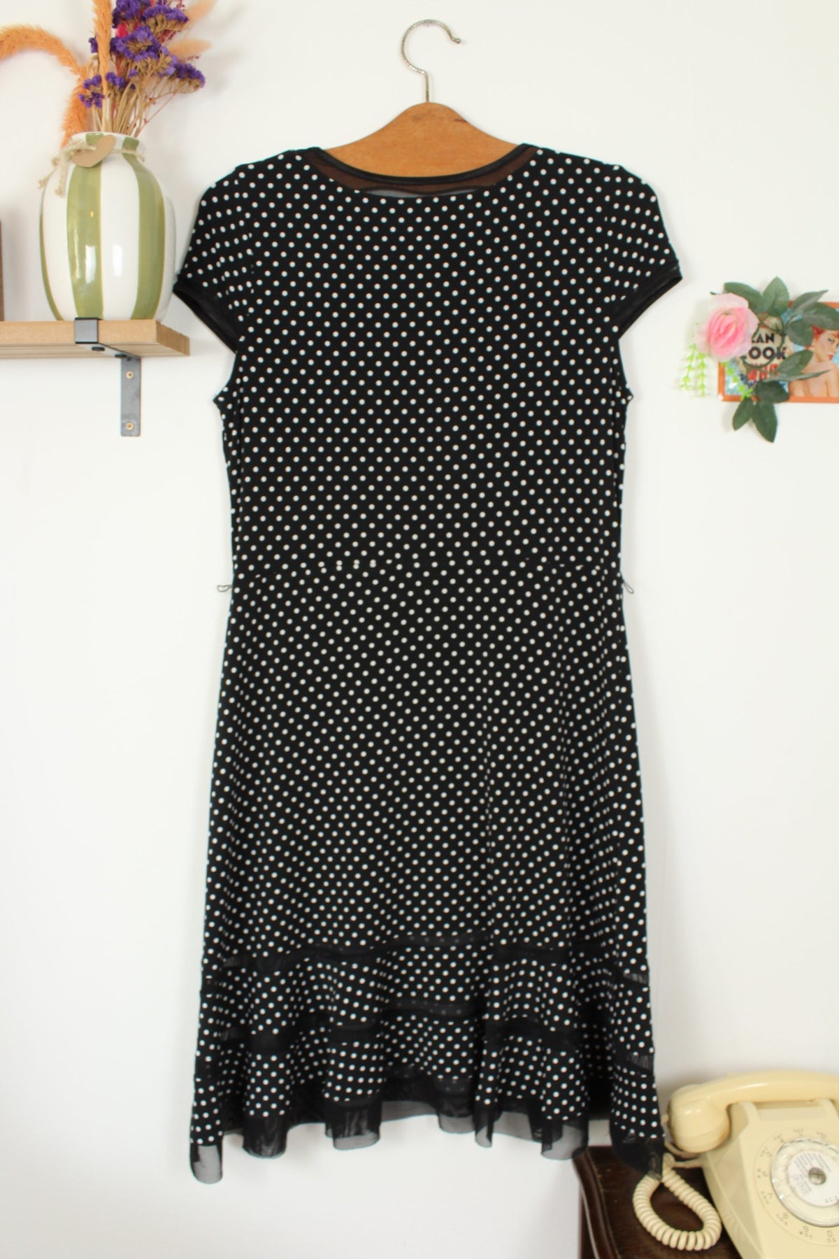 🌸🍒Robe vintage années 90 noire à pois - style pin-up & volants ajourés - Joseph Ribkoff - Taille 36/38🍒🌸