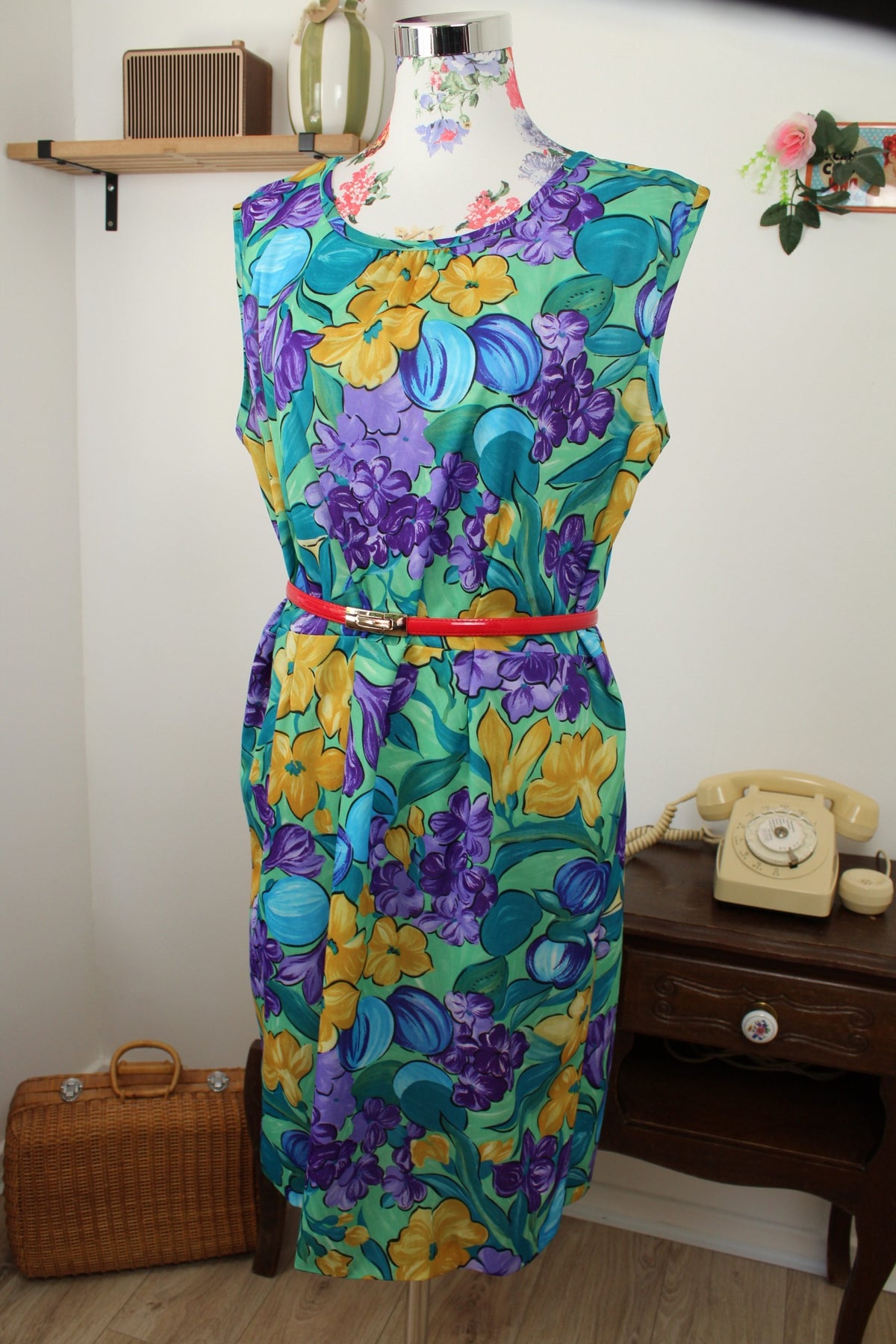 🌸🍒Robe vintage années 80/90 vert lumineux, fleurs & kiwi - Taille 44 à 48🍒🌸