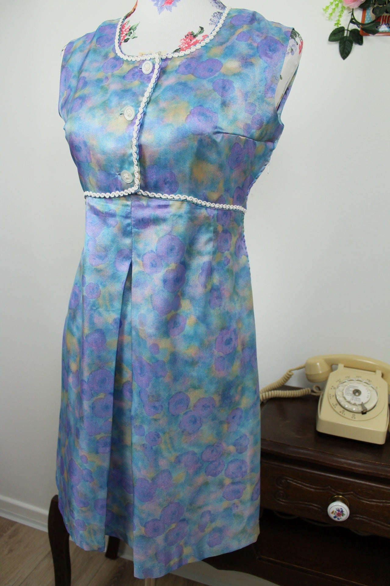 🌸🍒Robe vintage 60's fleurie aquarelle satinée - Taille 36🍒🌸
