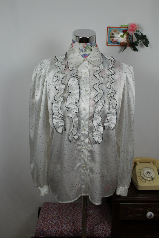🌸🍒Chemise vintage à volants Daniel Duval Paris 80's - pois noir & satin - Taille 40🌸🍒