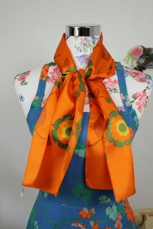🌸🍒Foulard vintage 70's orange pep's & fleurs géométriques psychédéliques 🍒🌸
