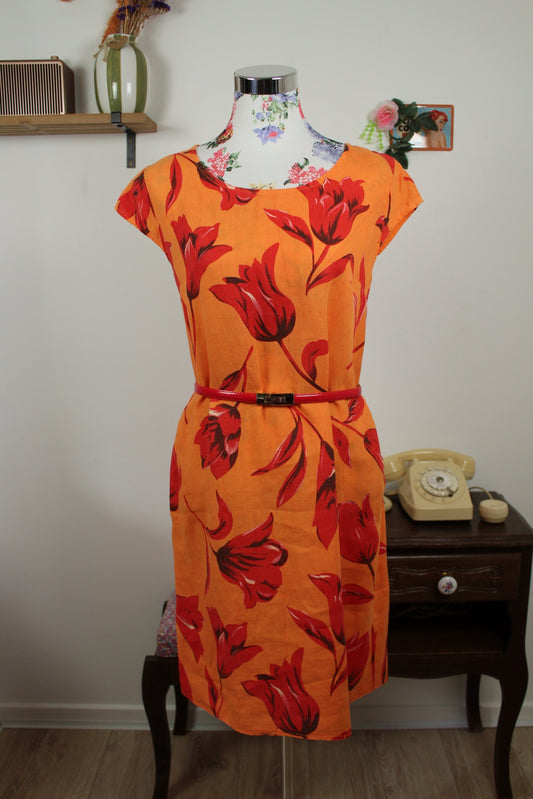 🌸🍒Robe vintage 90's made in Italy - fleurs XXL & orange explosif - Taille 36🍒🌸