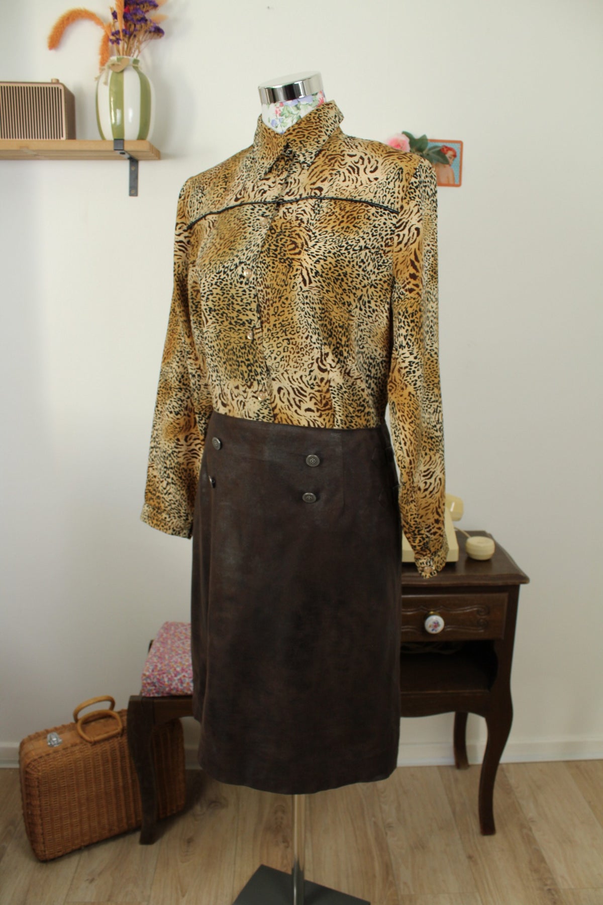 Jupe vintage années 90/2000 Julie Guerlande marron effet daim texturé oldschool - Taille 40