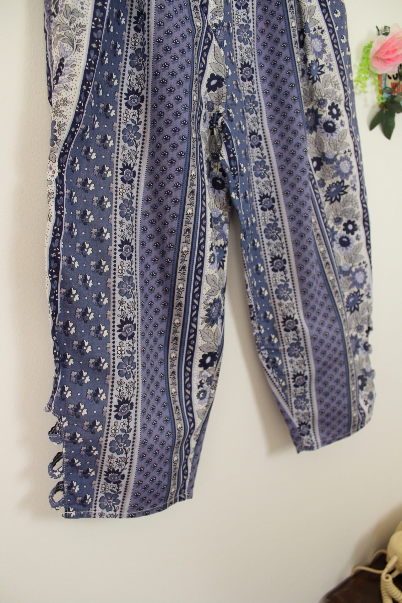 🌸🍒Pantacourt vintage 70/80's rayures fleurie en coton romantique & provençale - Taille 34🍒🌸