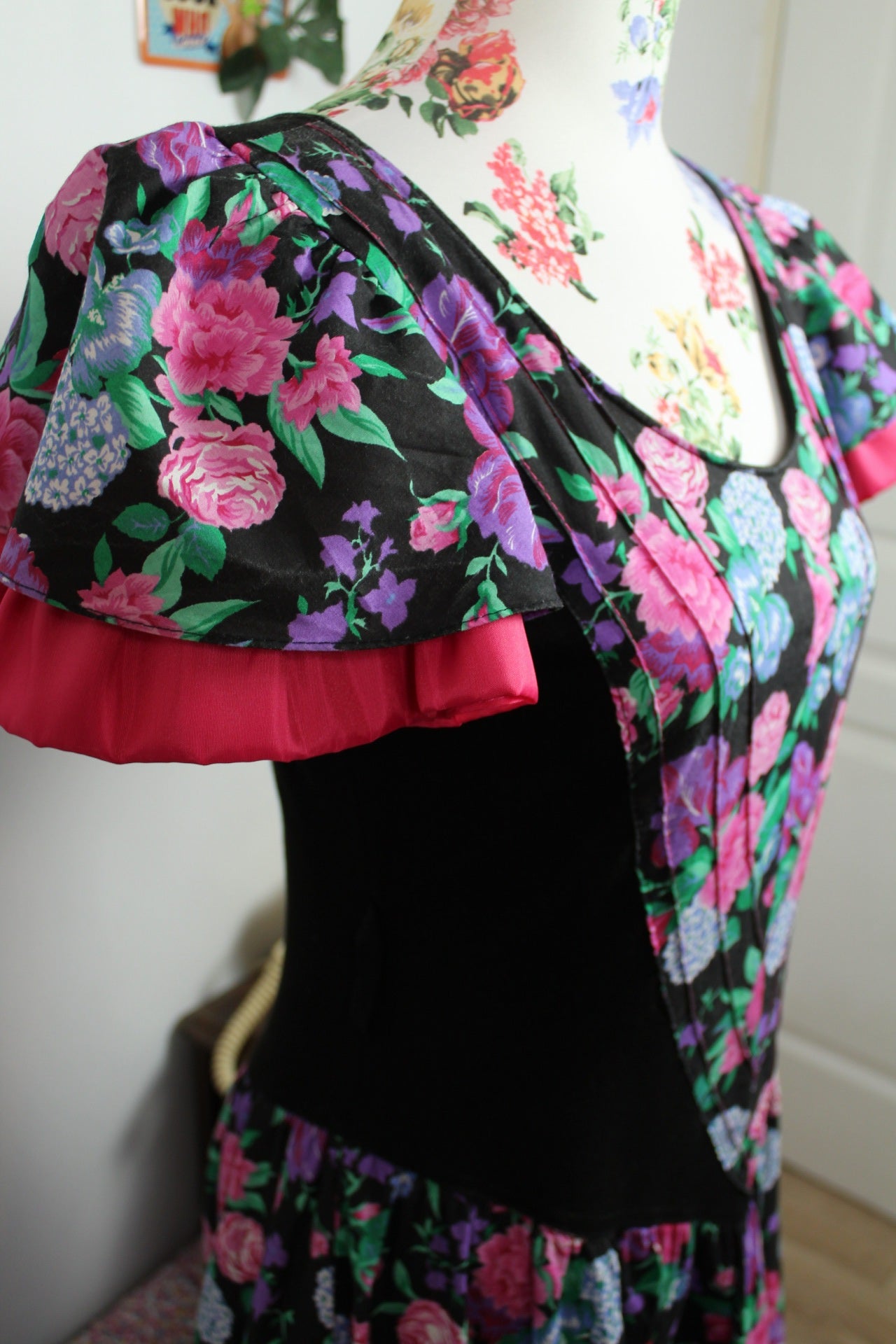 🌸🍒Robe vintage 80s plastron corset fleurie bohème romantique folk jupe évasée - Taille 36/38🍒🌸