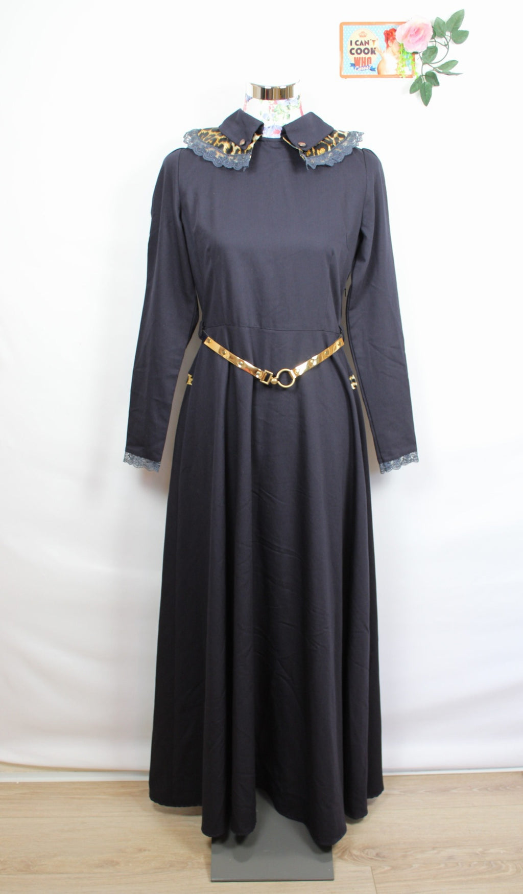 🌸Robe noire longue vintage 80's - empiècements léopard & dentelle - couture chic🍒