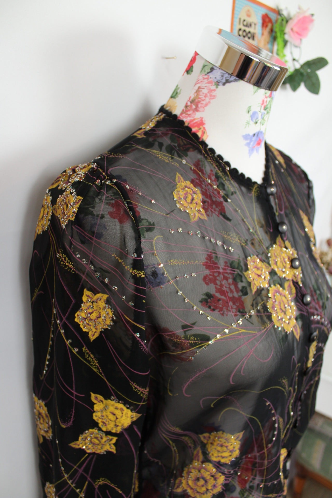 ✨Blouse transparente vintage noire fleurs dorées 80s - fêtes & soirées ✨