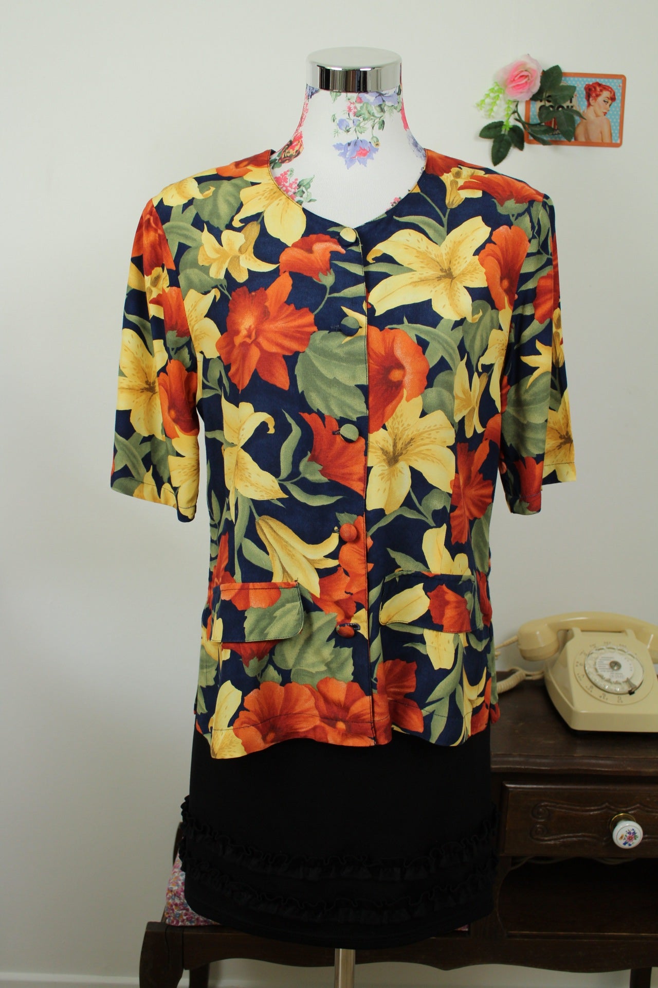 🌸🍒Chemise vintage 90's fleurs de Lys XXL tons chauds - Taille 38/40🍒🌸
