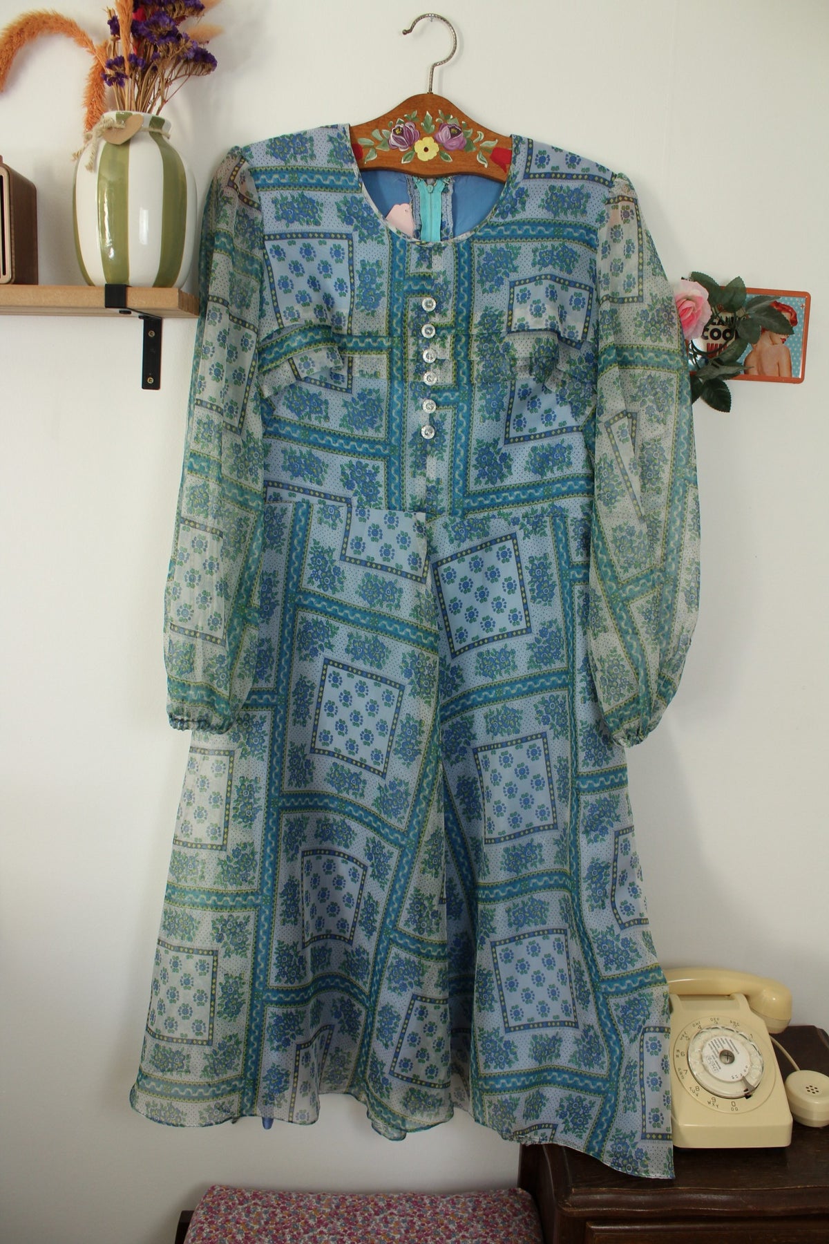 Robe midi vintage années 70 - bohème fleurie manches transparentes - Taille 38