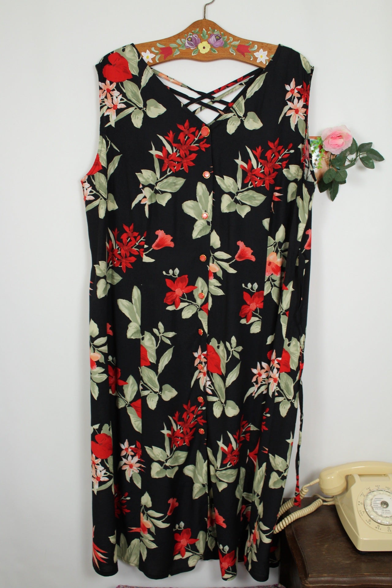 🌸🍒Robe longue vintage 90's noire & fleurs rouges romantiques - Taille 48/50🍒🌸