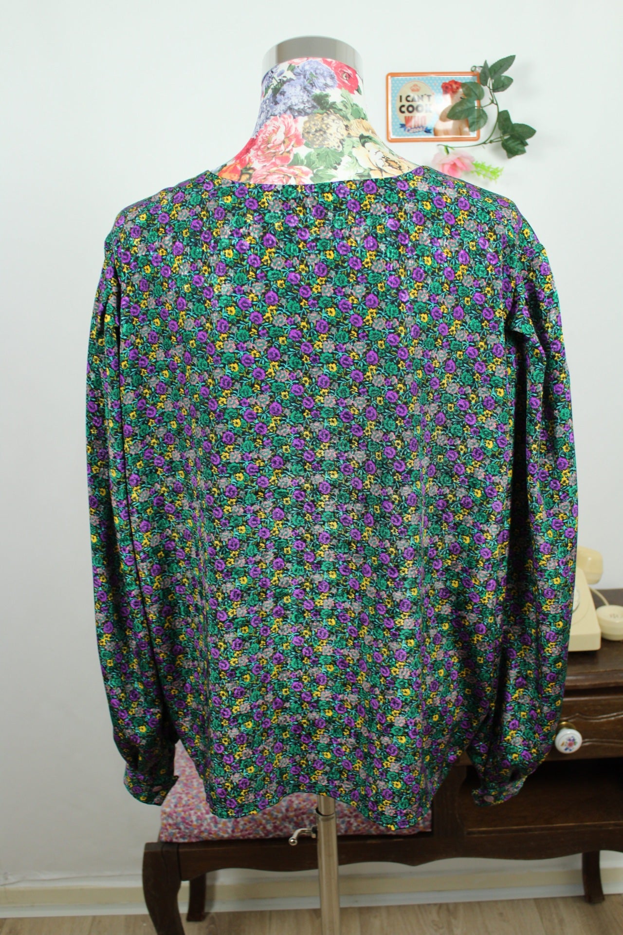 🌸🍒Blouse vintage 80/90s fait main fleurie - manches bouffantes & boutons nacrés - Taille 46/48🍒🌸