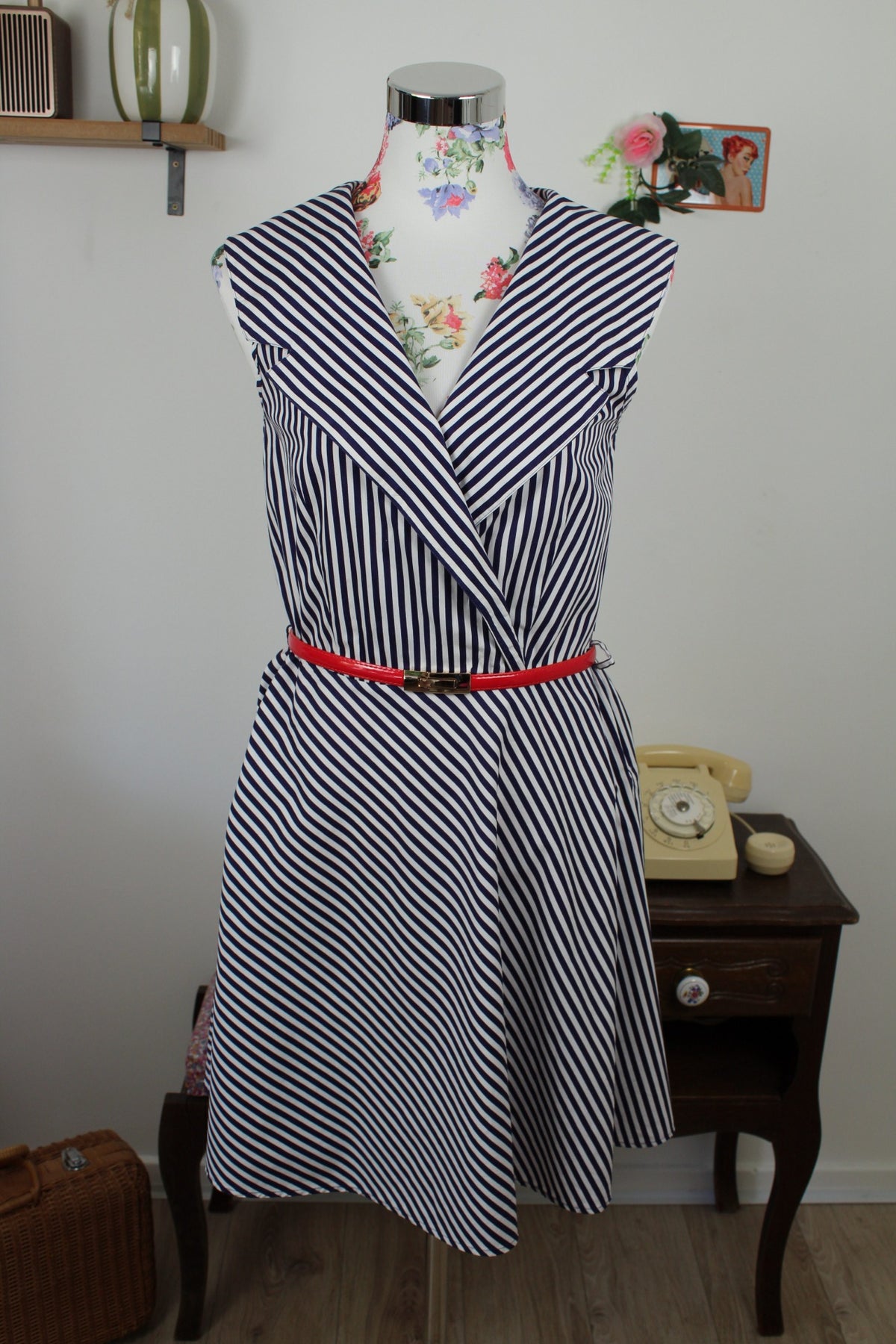 Robe Navy vintage années 90 rayée en coton style pin-up/rockabilly - Taille 38