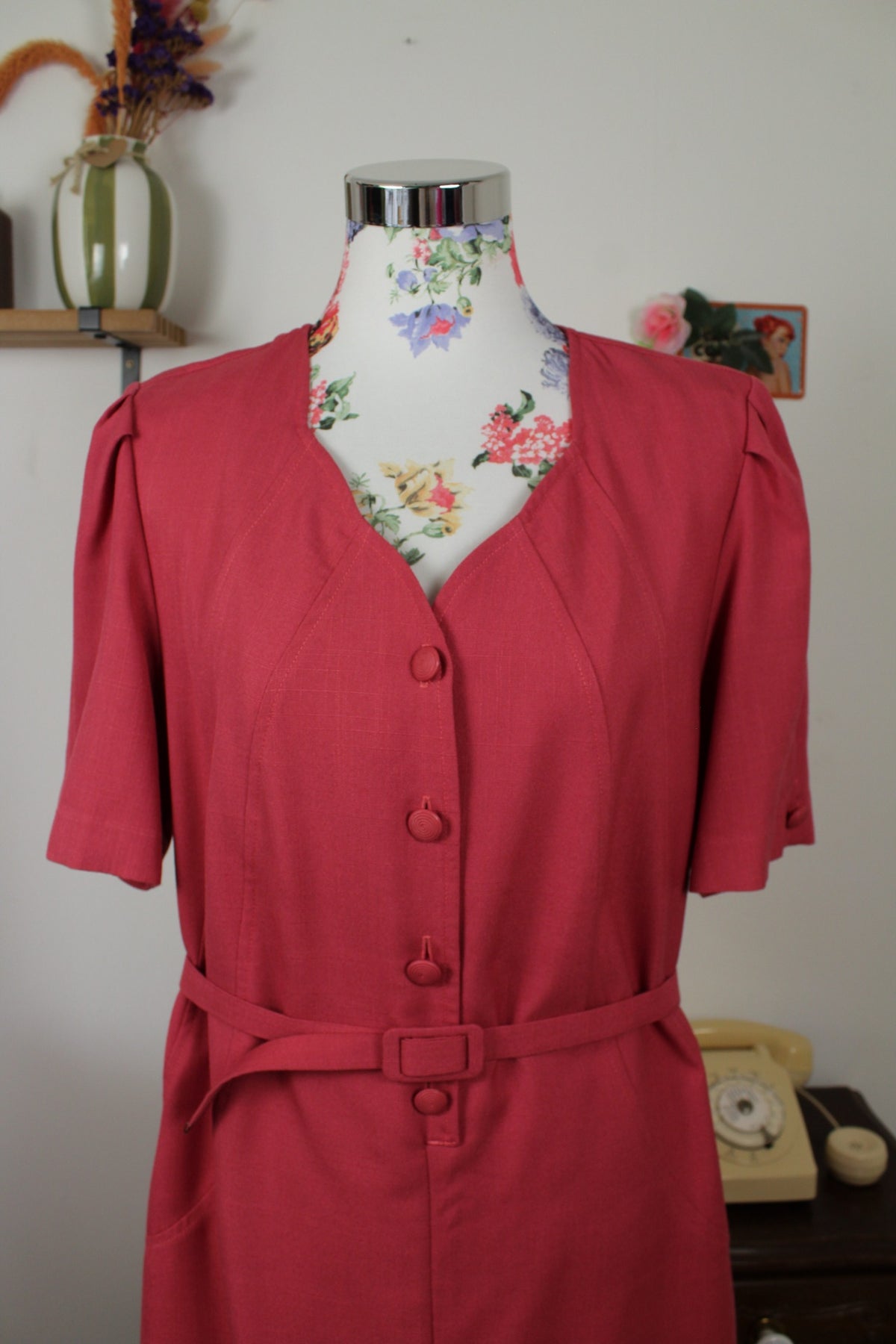 Robe vintage années 80 rose poudré coupe ceinturée - Taille 40/42