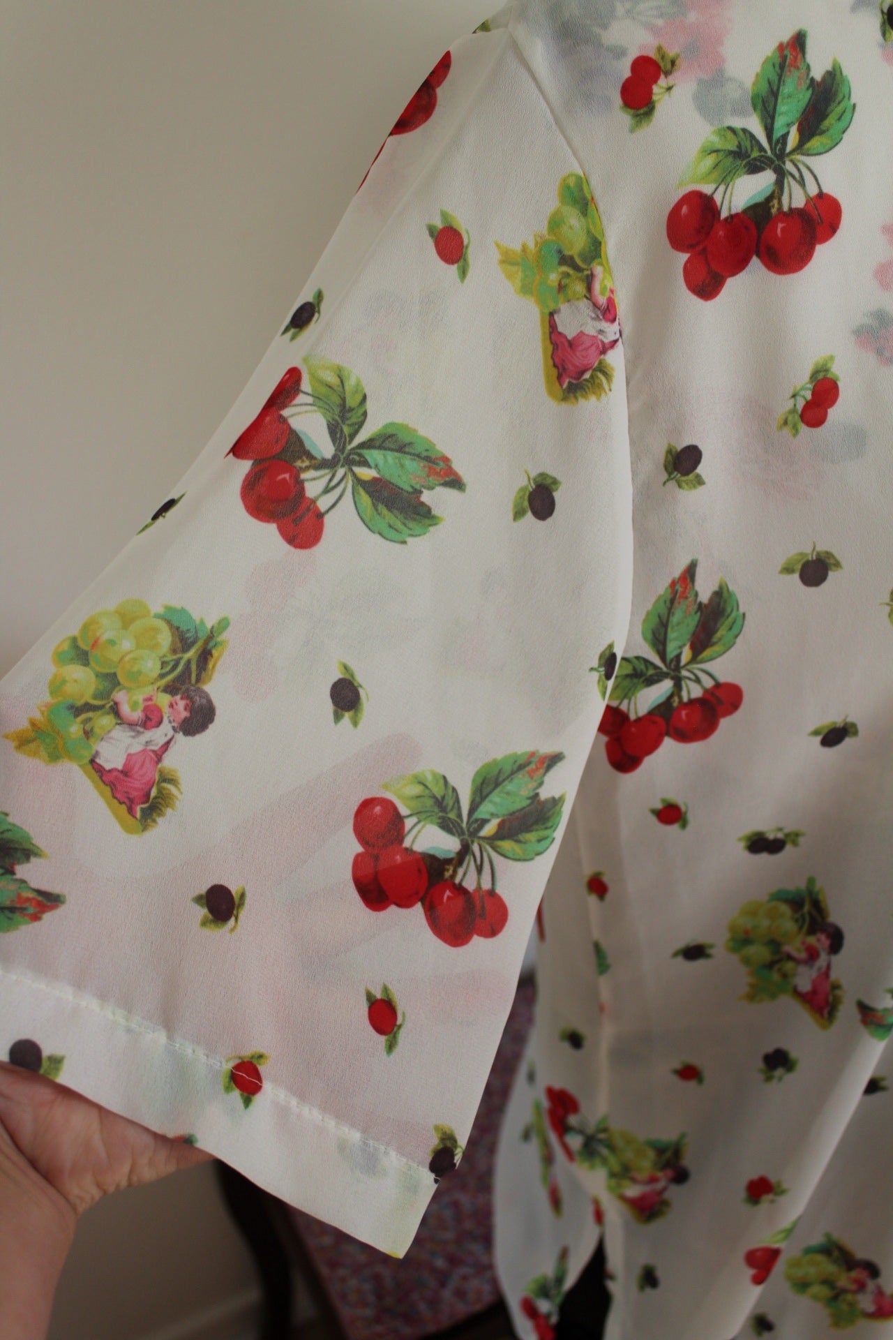 🌸🍒Chemise vintage 80/90's motifs fruits & anges romantique - Taille 38/40🍒🌸
