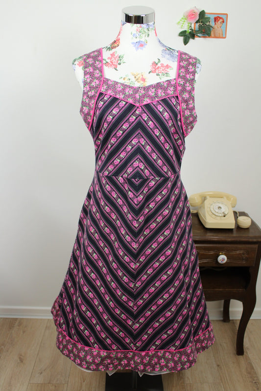 🌸🍒Robe vintage bohème folk 70's chevron fleurie rose fuchsia - T.38🍒🌸