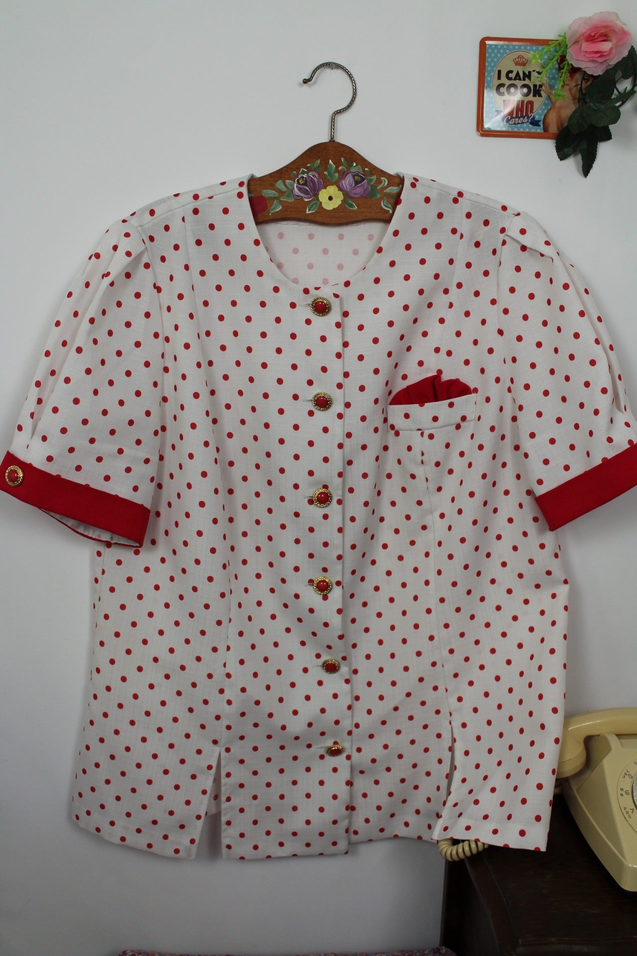 🌸🍒Blouse vintage 80's esprit tailleur pin-up rockabilly - pois & boutons bijoux - Taille 44🍒🌸