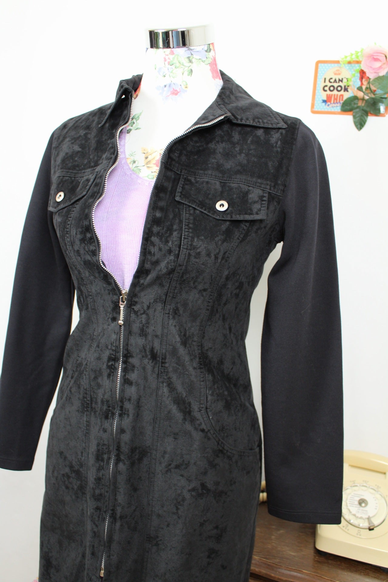 🍒🌸Veste longue vintage 90s/2000s effet daim noir - Scenic made in France - Taille 4/36