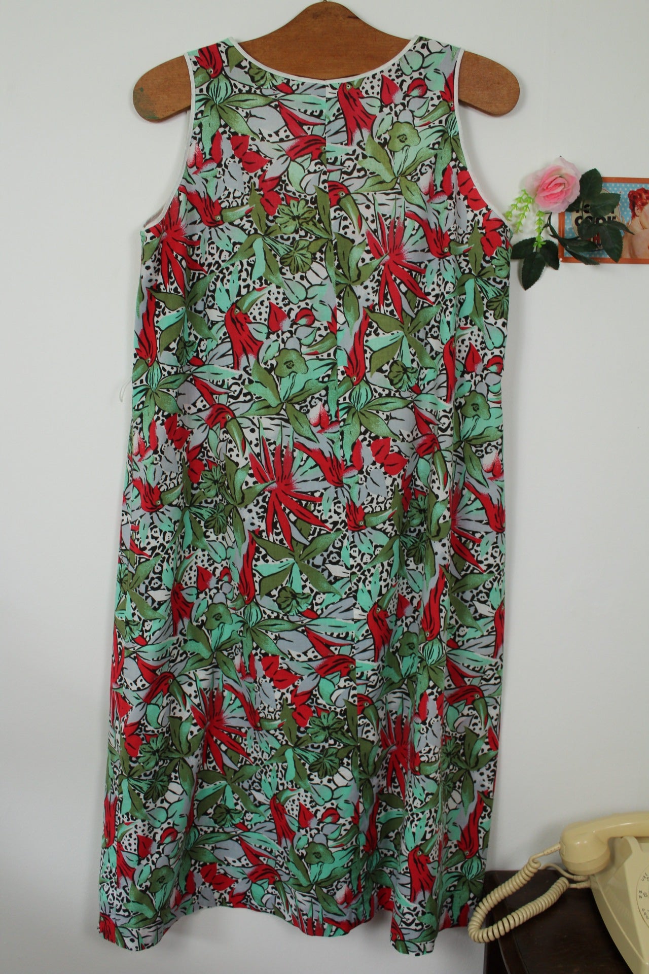 🌸🍒Robe vintage 80/90's imprimée jungle & oiseaux - pin-up des tropiques - Taille 40/42🍒🌸