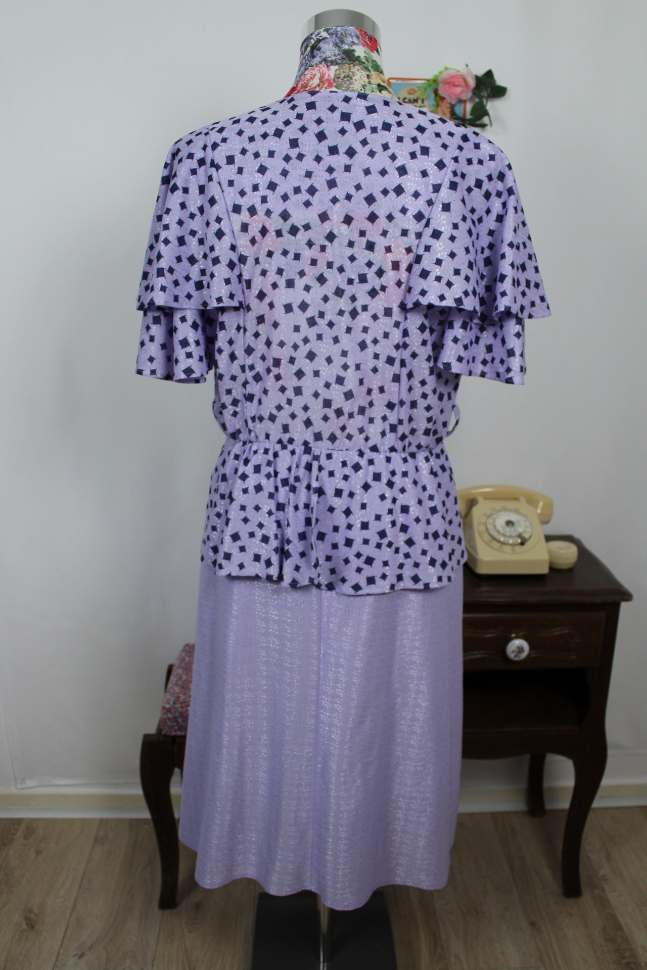 🌸🍒Robe vintage 80's Shiny Paris - lilas satiné & volants romantiques - Taille 38/40🍒🌸