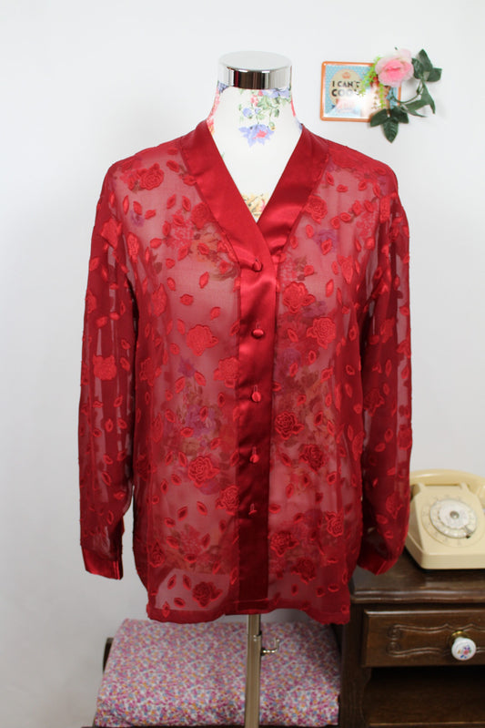 🌸🍒Blouse vintage fleurie motifs roses et pétales - boutonnière satinée - Taille 40/42🍒🌸