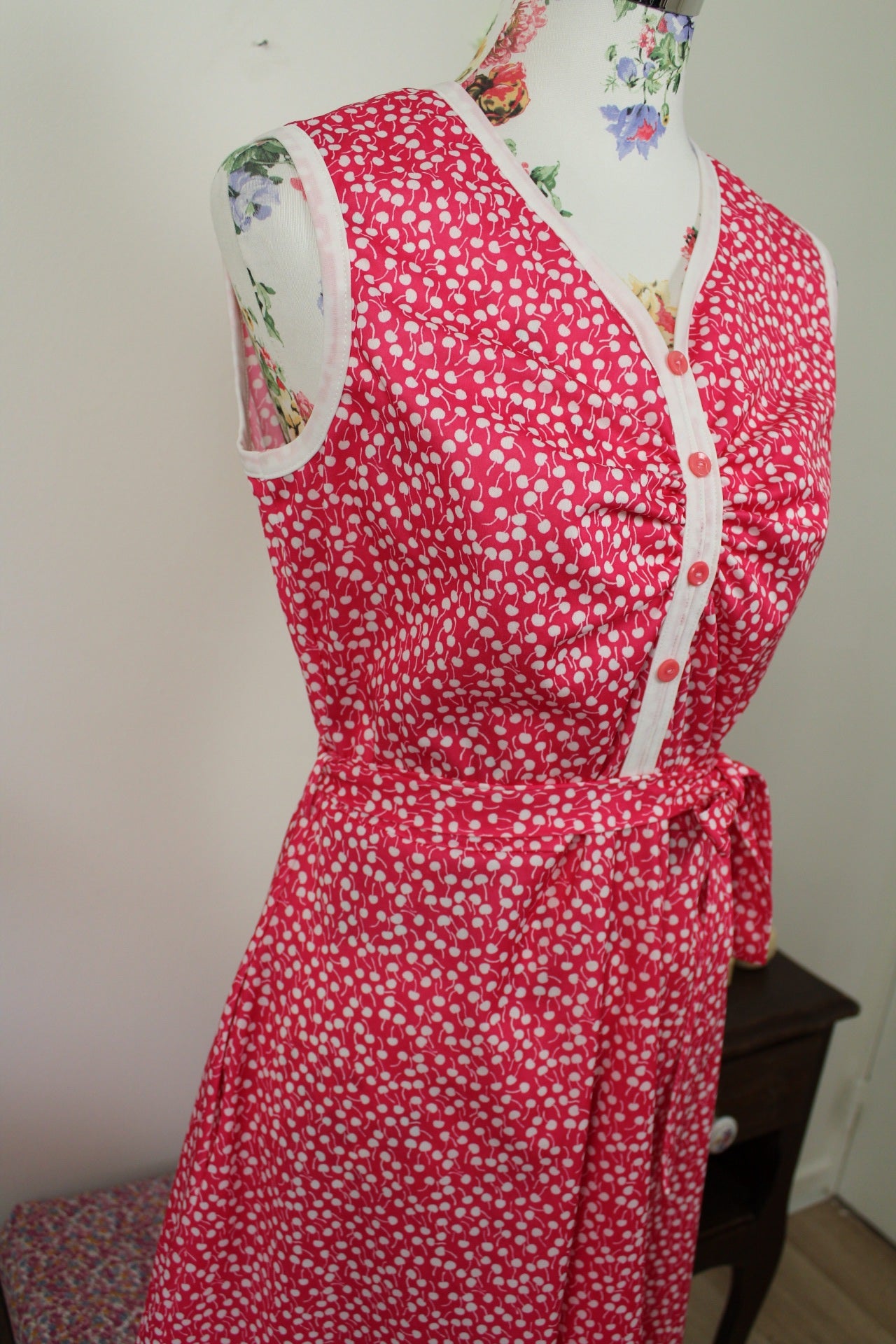 🌸🍒Robe vintage 70's rose pep's motif petites cerises style pin-up🍒🌸