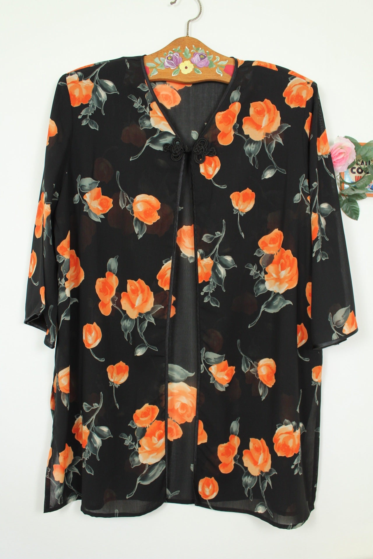 🌸🍒Cardigan vintage 80/90's voile noir transparent & roses en aquarelle - Taille 42/44🍒🌸