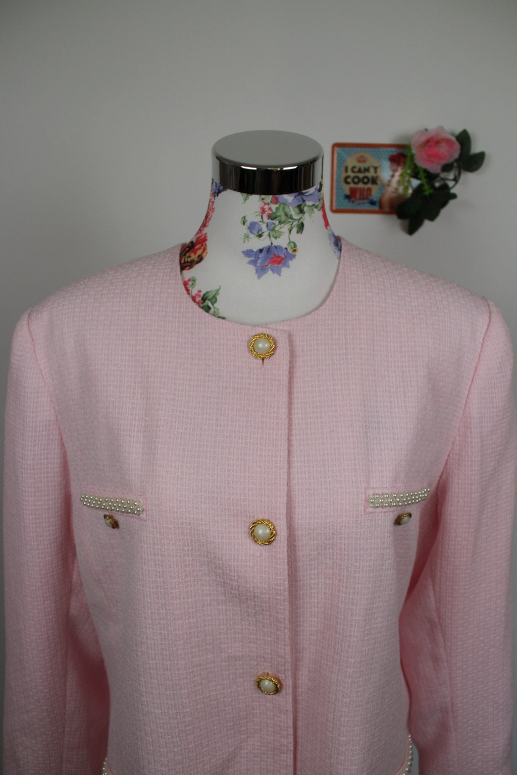 🌸 Ensemble jupe + veste preppy vintage 80's rose poudré - perles nacrées & boutons dorés🍒