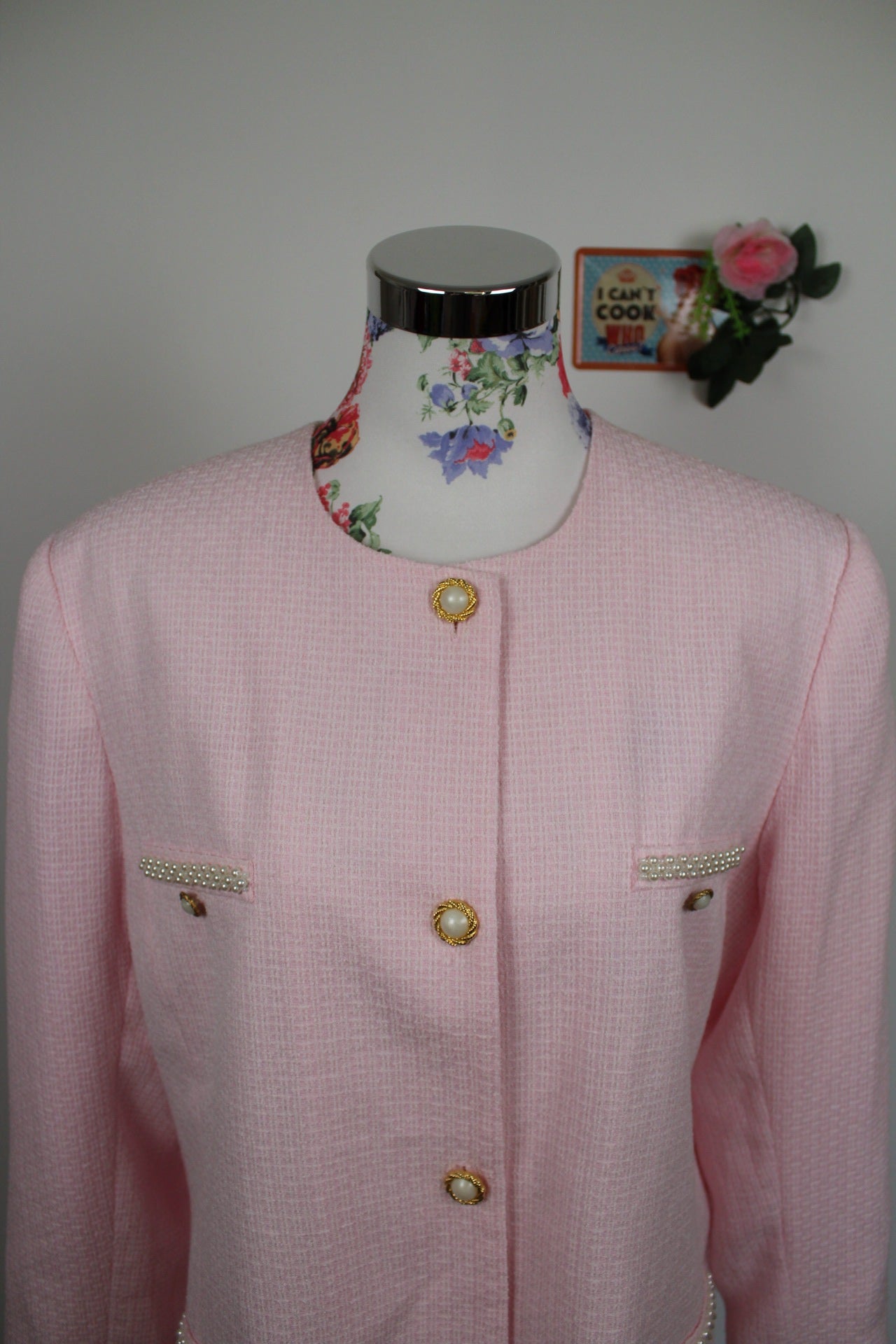 🌸 Ensemble jupe + veste preppy vintage 80's rose poudré - perles nacrées & boutons dorés🍒