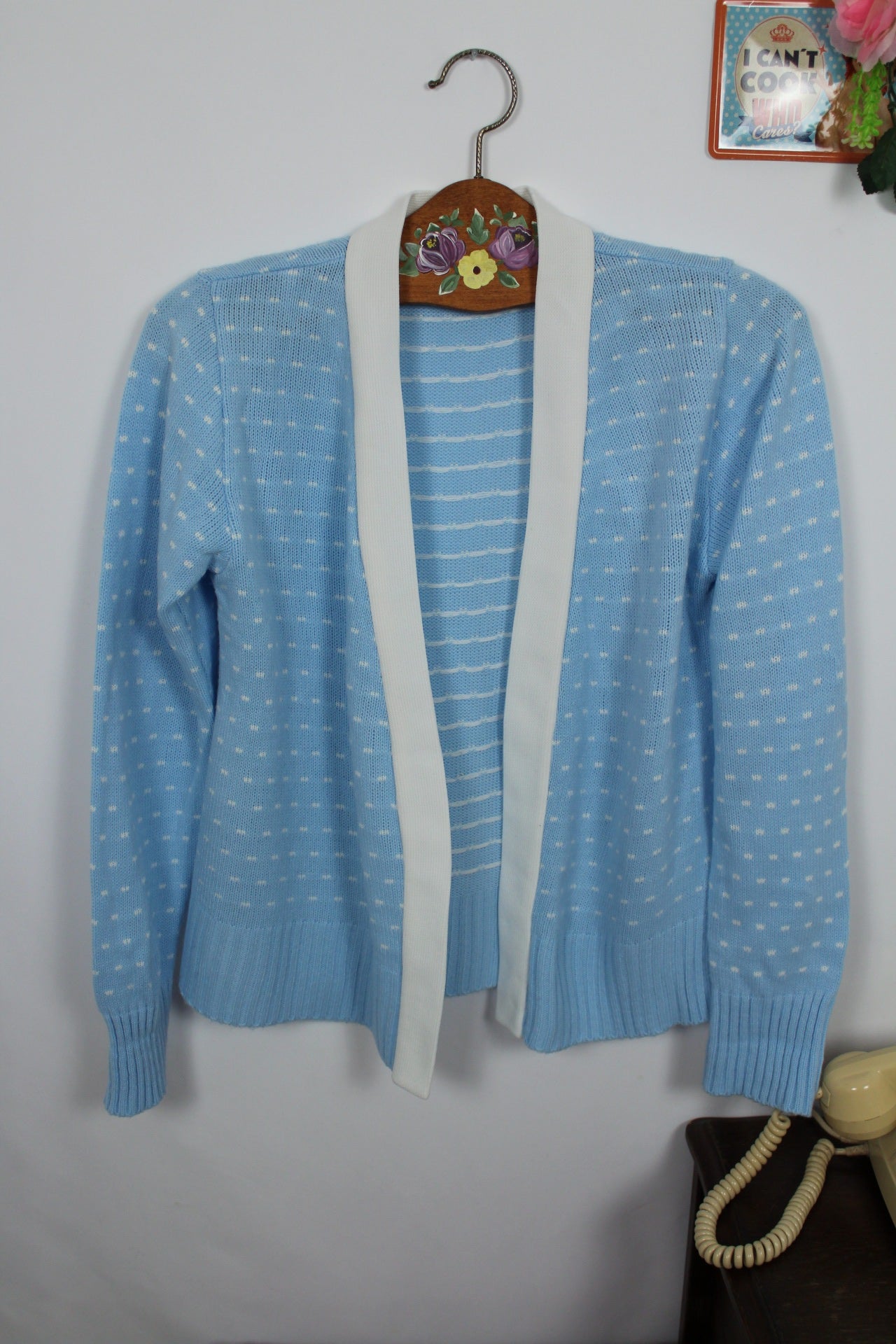 🌸🍒Cardigan vintage 80's bleu ciel à pois blanc pin up - Taille 38🍒🌸