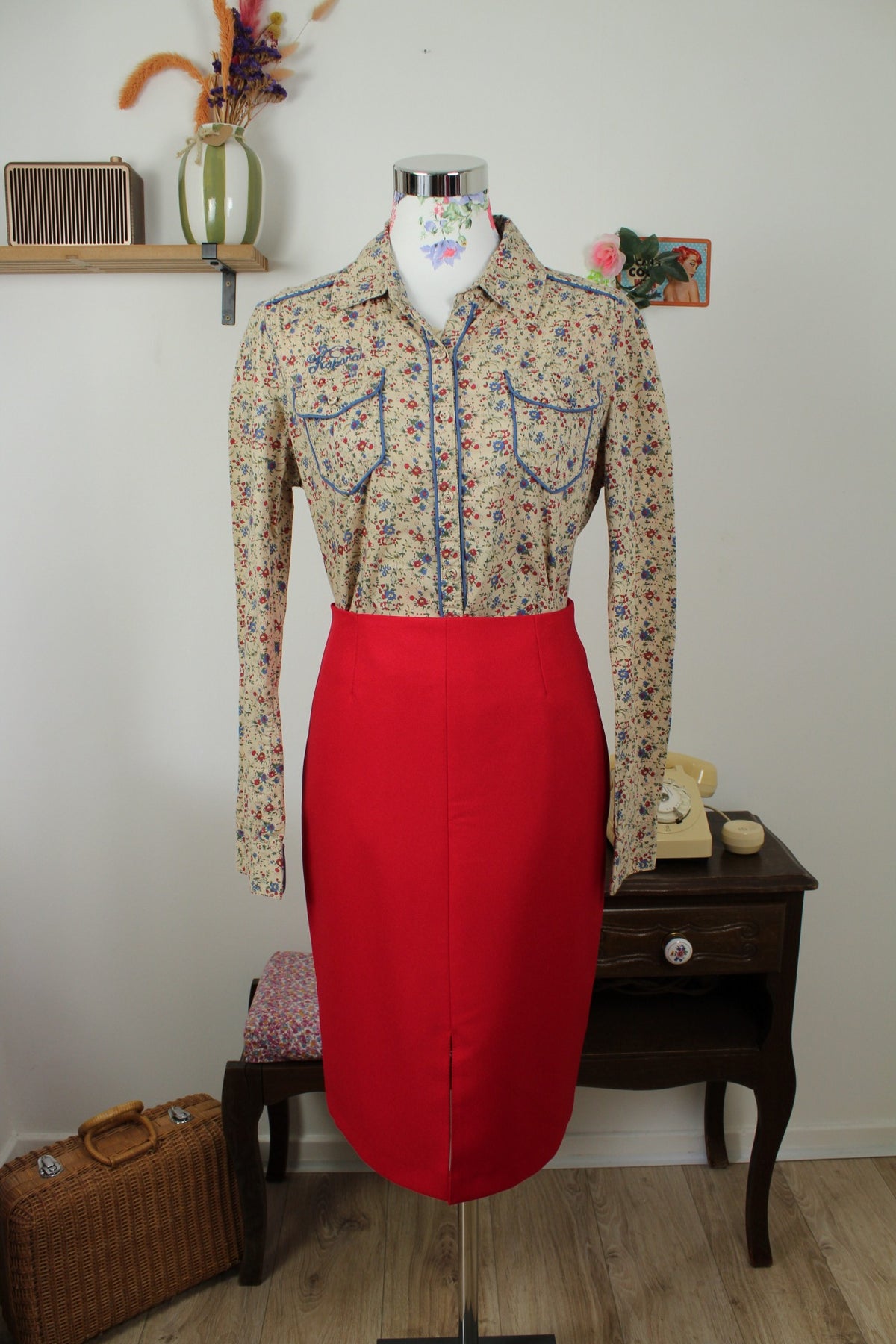Jupe crayon vintage années 80 rouge vif - pin-up/rockabilly- Taille 38