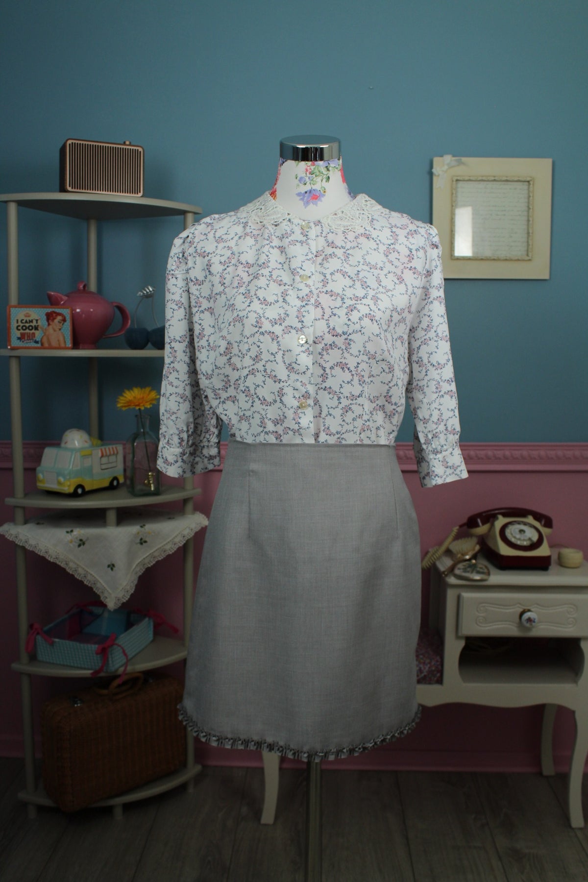 Blouse vintage col claudine en dentelle années 90 fleurie romantique - Taille 40/42