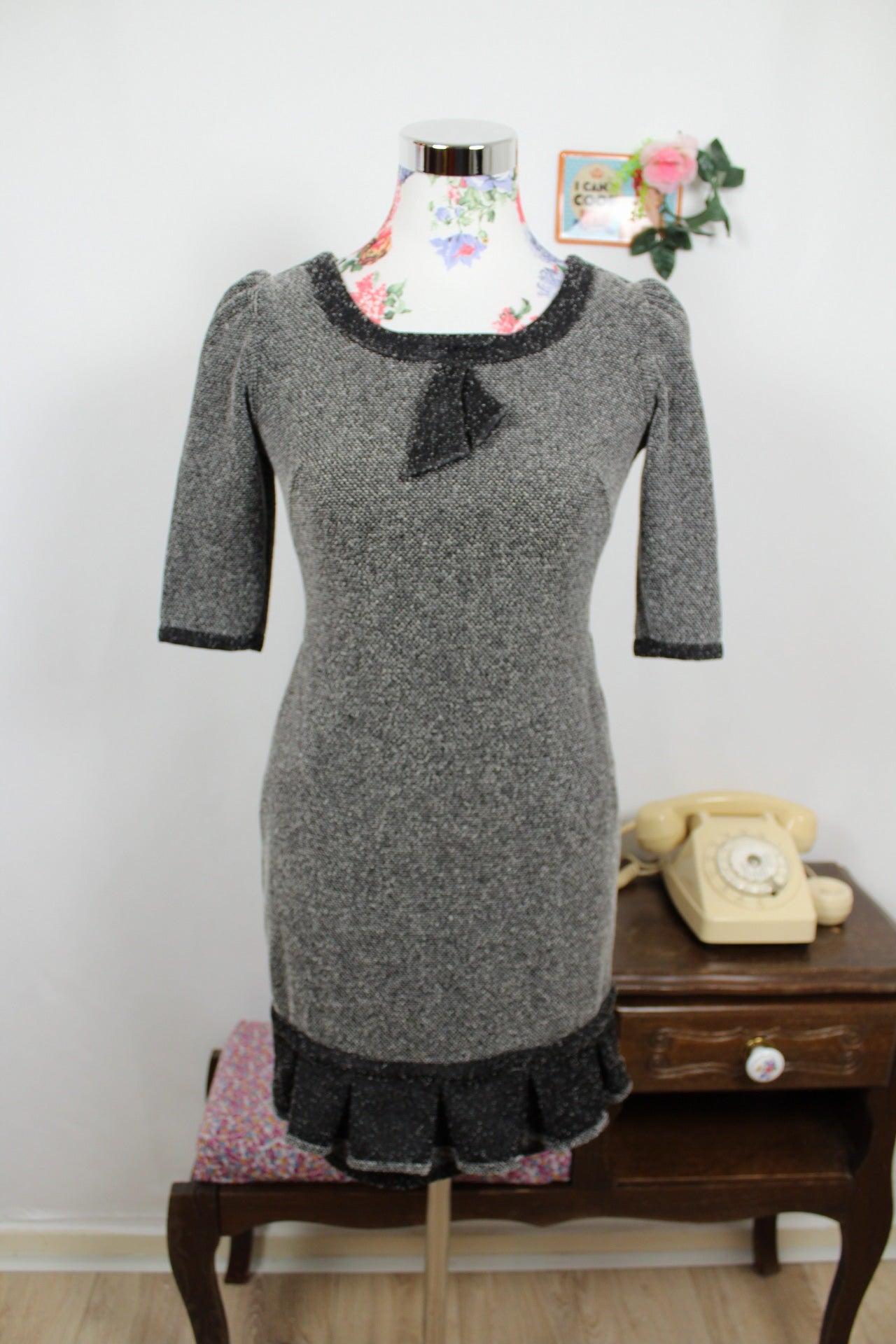 🍒🌸Robe d'hiver Bullhead Black style rétro chic - volants & col lavallière - Taille 36🌸🍒