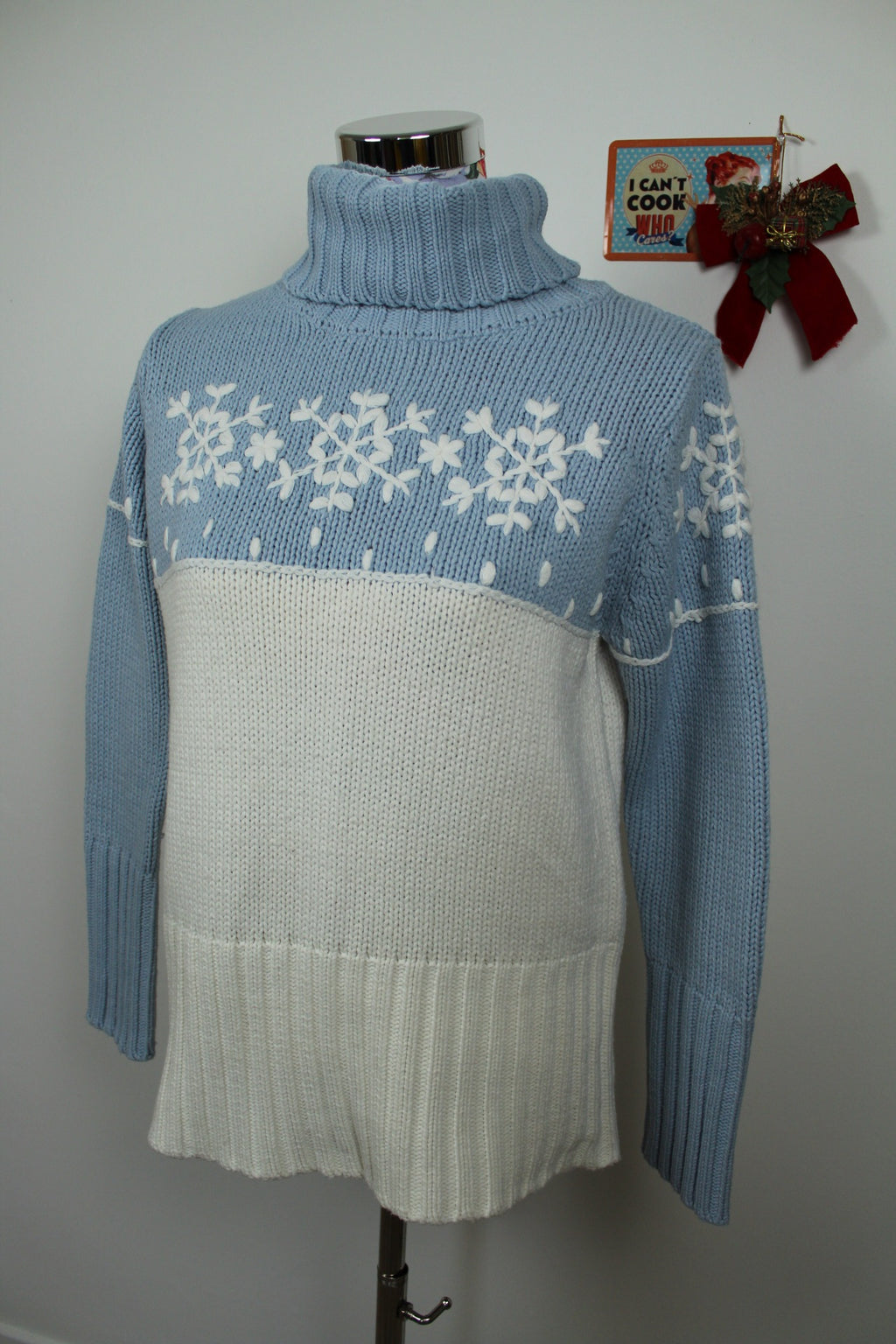 ✨Pull bleu vintage années 90 col roulé & flocons - pull de Noël✨