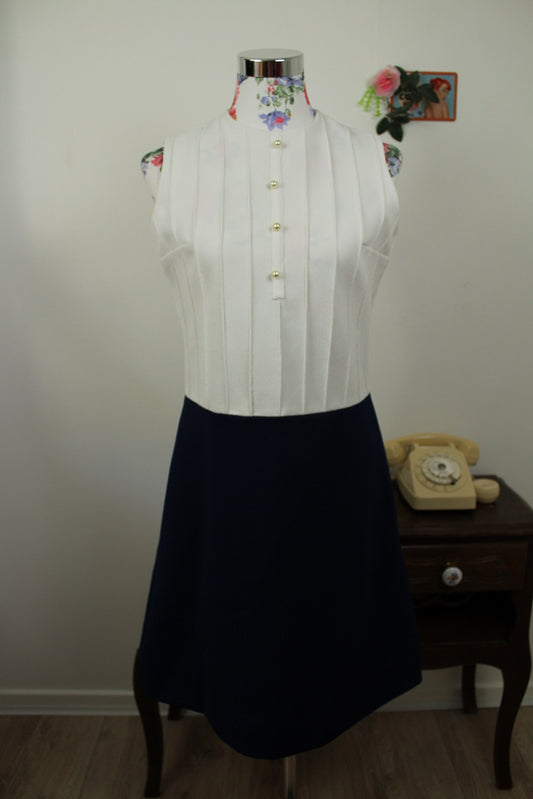 🌸🍒Robe vintage 60's blanche & marine chic - boutons nacrés - Taille 38🍒🌸