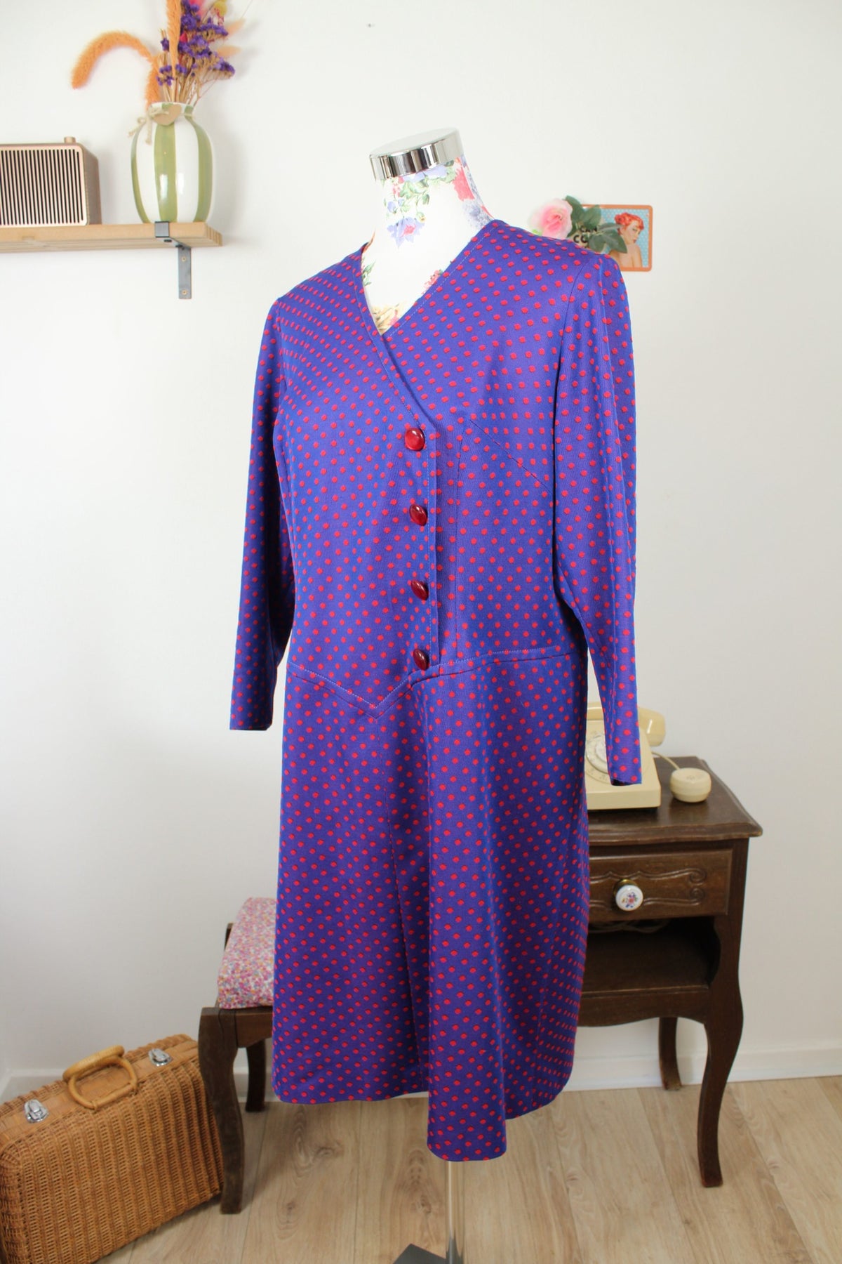 Robe pin-up vintage années 70/80 automne/hiver - violette & pois rouges - Taille 42/44
