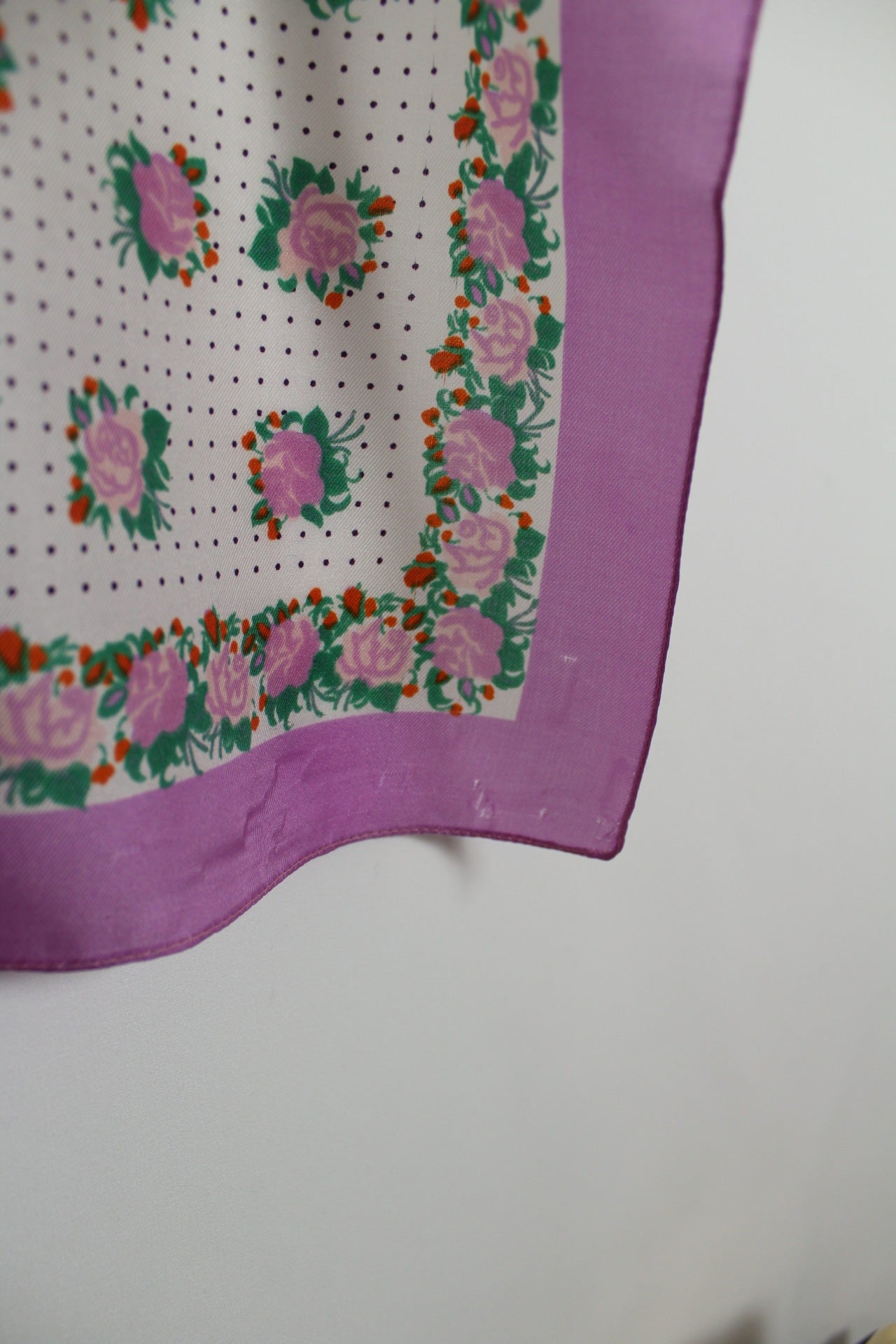 🌸🍒Foulard vintage 80's couleur lila motifs pois et roses 🍒🌸