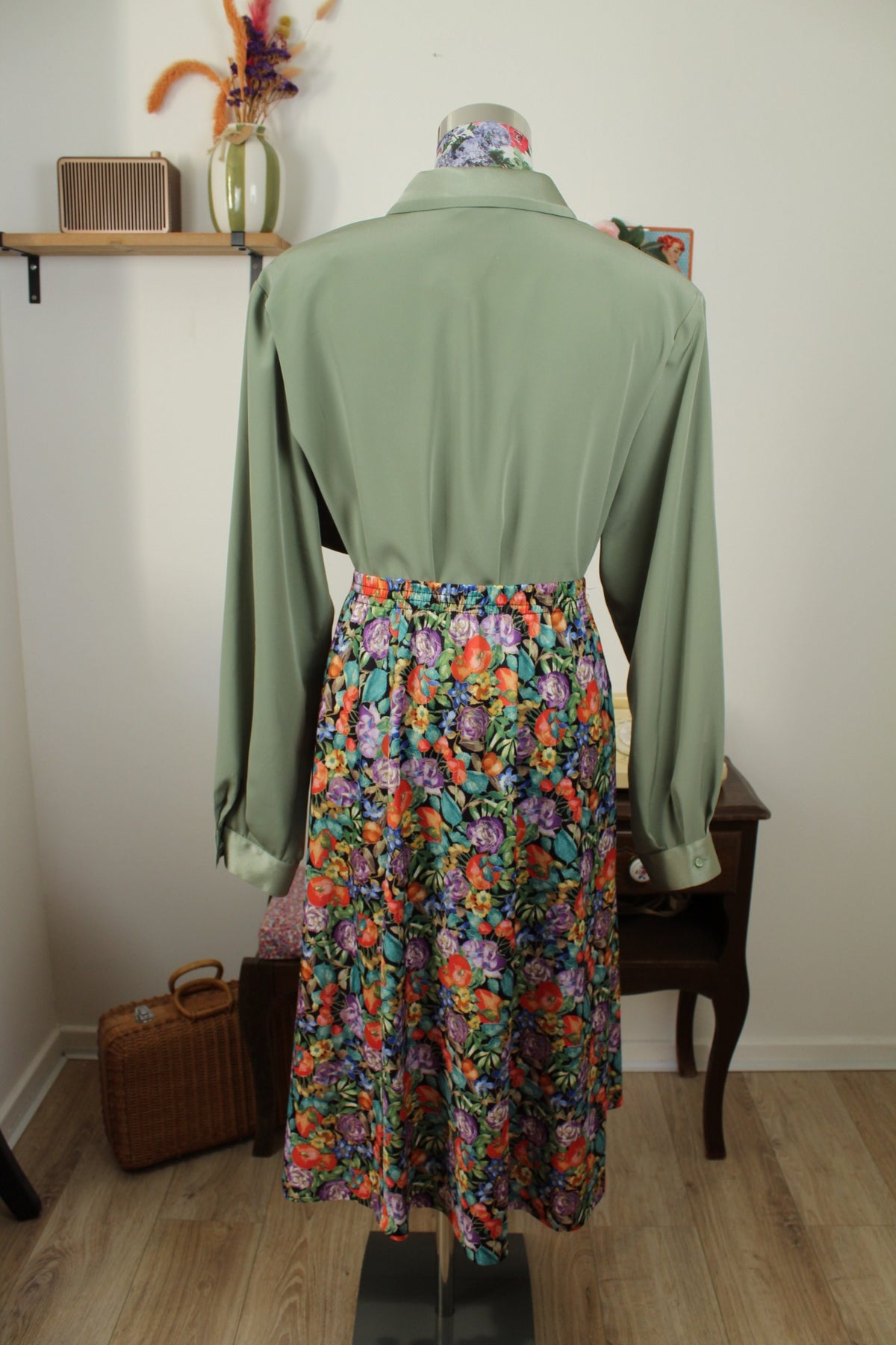 Chemise vintage années 80/90 vert sauge satinée - chic made in France - Taille 46/48