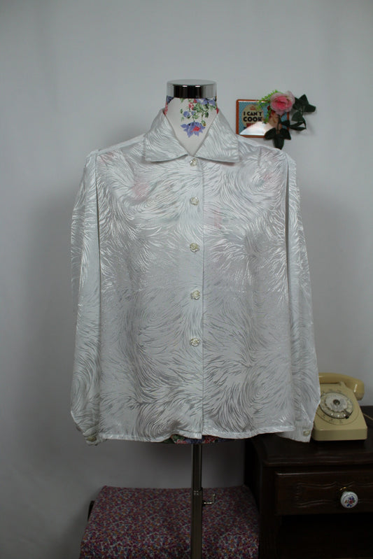 🌸🍒 Chemise vintage blanche satinée 80/90s - chic à boutons en forme de roses - Taille 40/42🍒🌸
