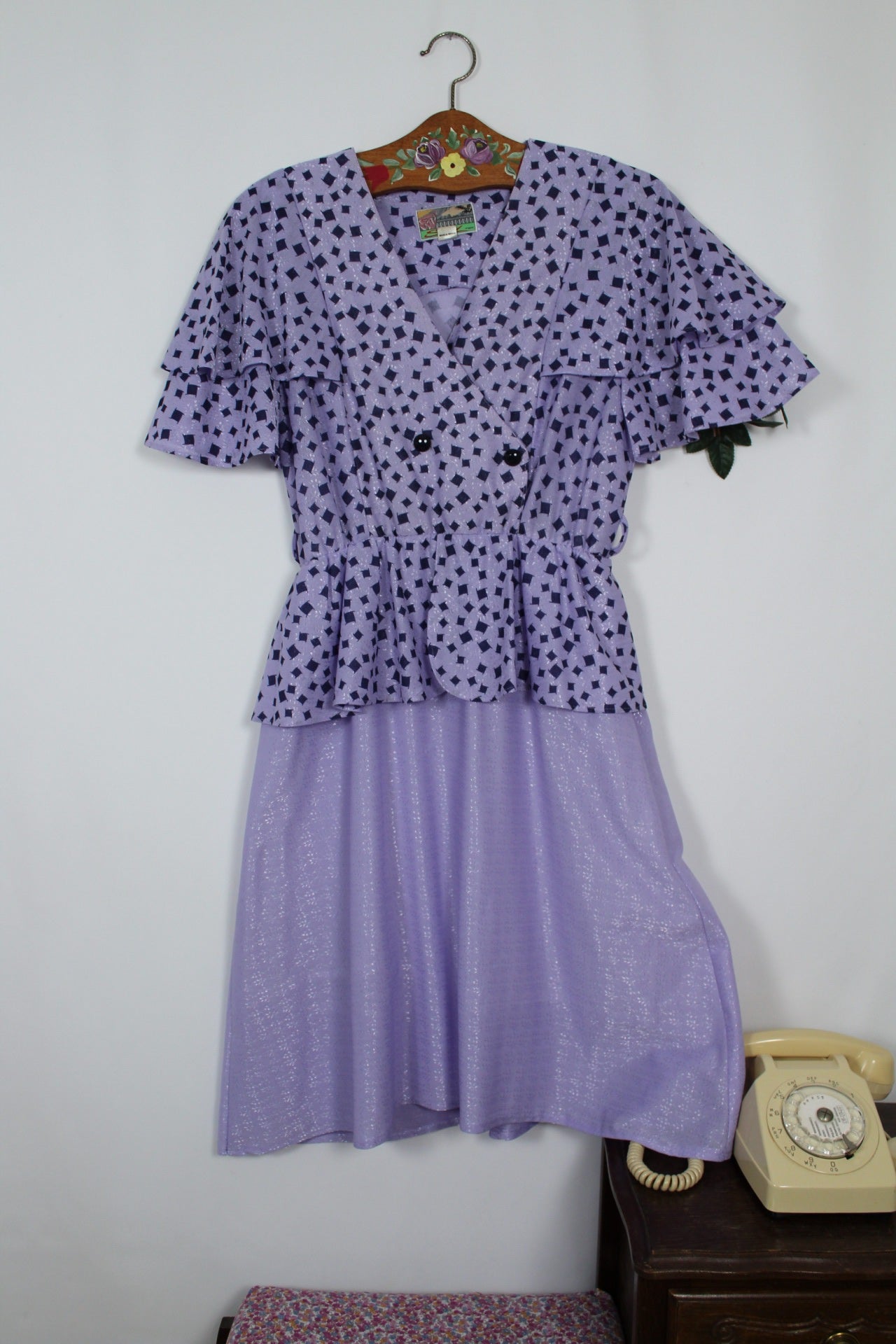 🌸🍒Robe vintage 80's Shiny Paris - lilas satiné & volants romantiques - Taille 38/40🍒🌸