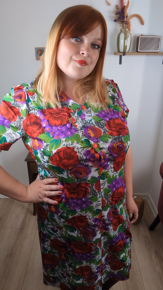 🌸🍒Robe vintage années 80 romantique - roses rouges & grappes de raisins - Taille 40/42🍒🌸