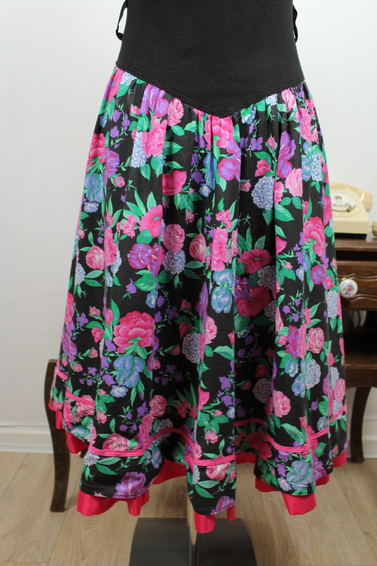 🌸🍒Robe vintage 80s plastron corset fleurie bohème romantique folk jupe évasée - Taille 36/38🍒🌸