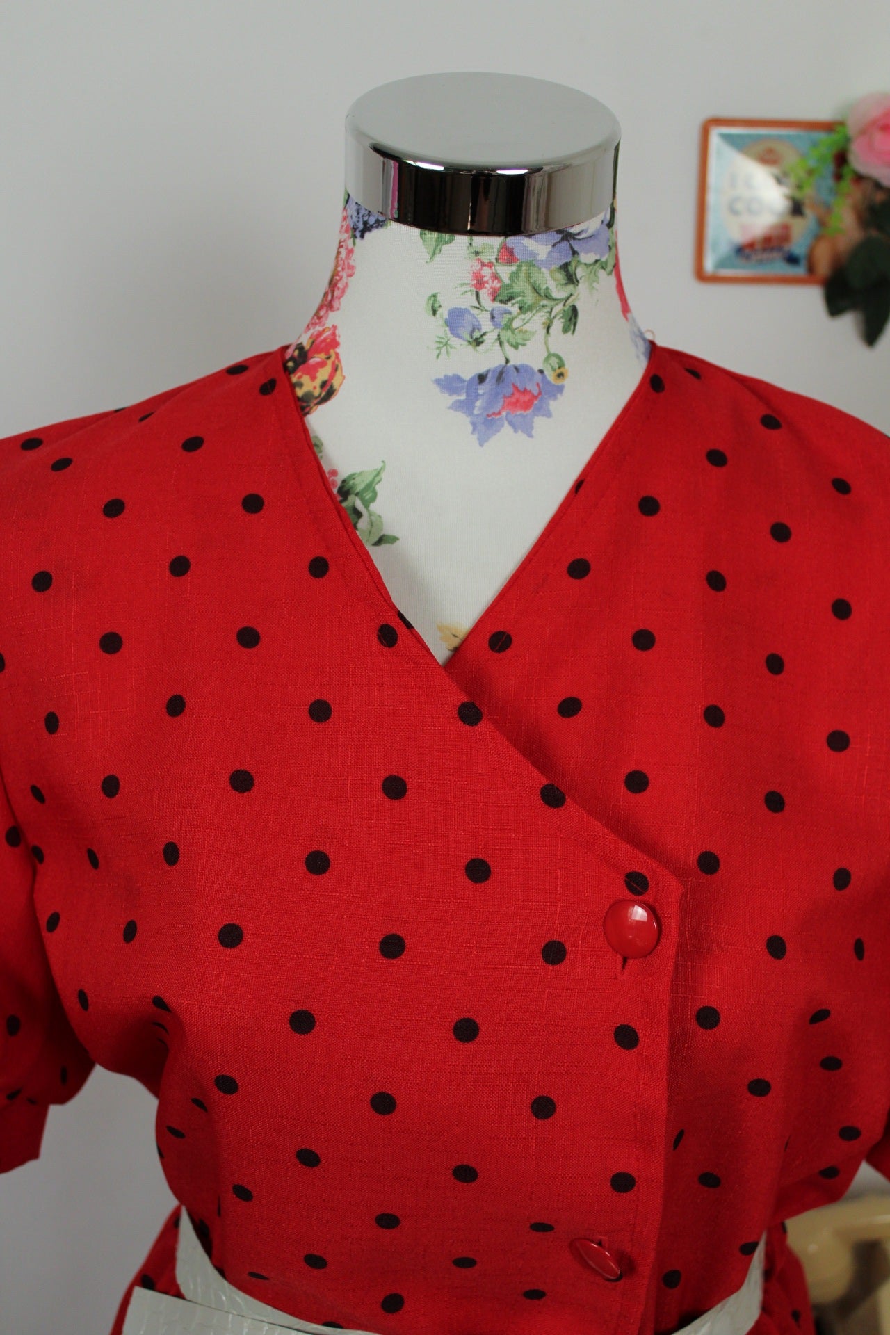 🌸🍒Robe vintage 80's rouge à pois - manches bouffantes & jupon intégré esprit 50's - Taille 38/40🍒🌸