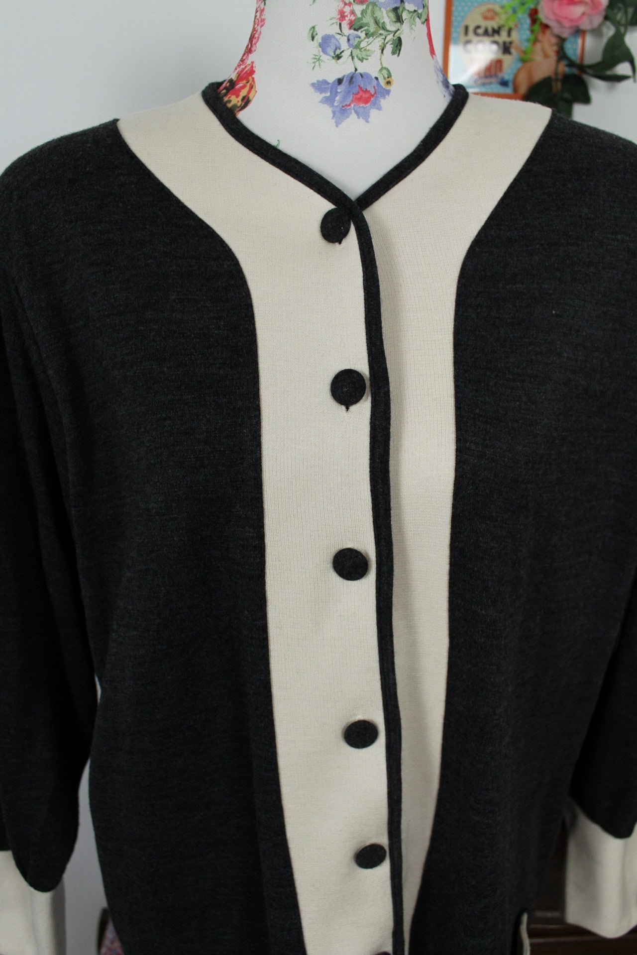 🌸🍒Cardigan vintage années 80 gris & crème - made in France - Taille 44/46🍒🌸